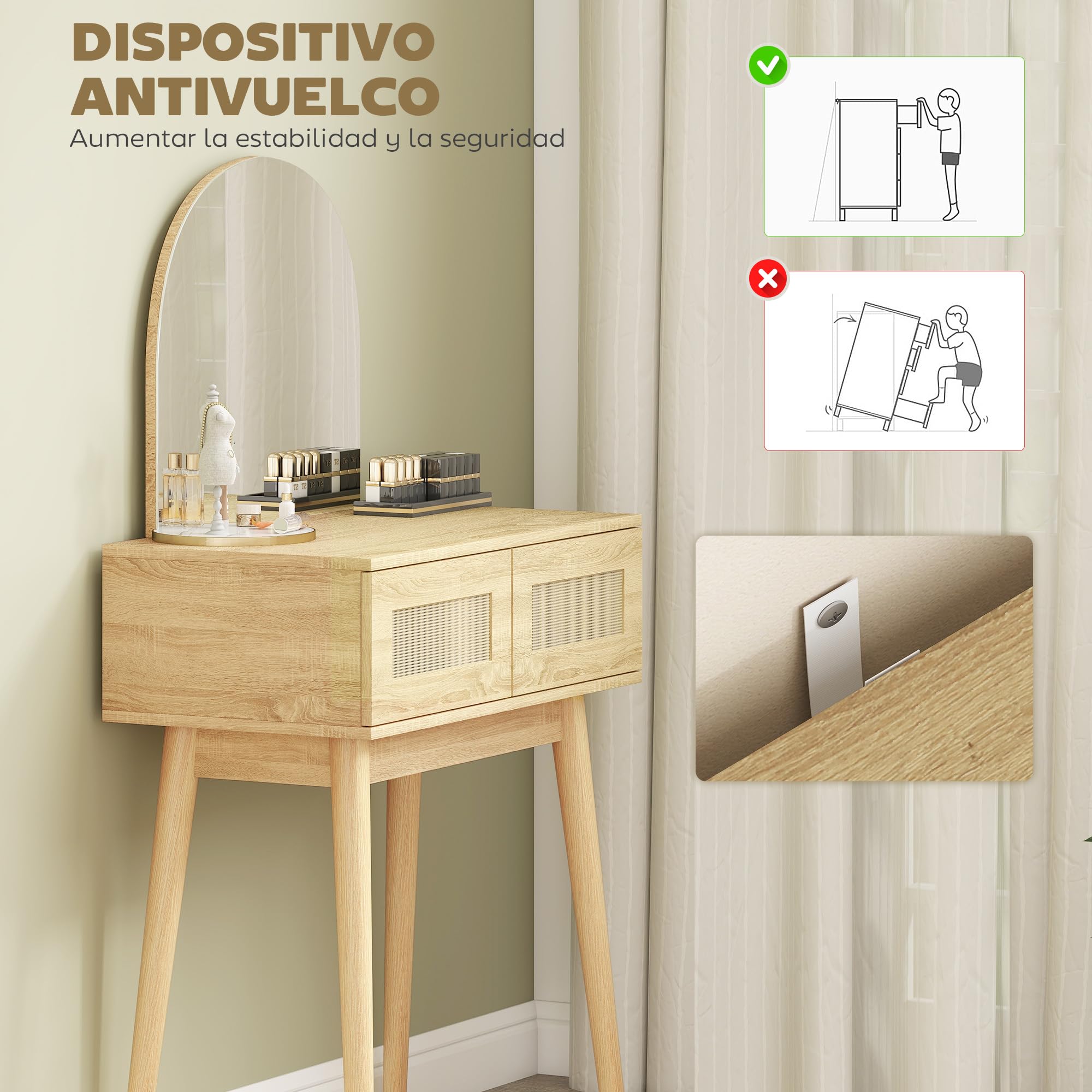HOMCOM Tocador con Espejo Arqueado, Mesa de Maquillaje Moderna con 2 Cajones con Frontal de Ratán, Tocador de Maquillaje para Dormitorio, Espacios Pequeños, Natural