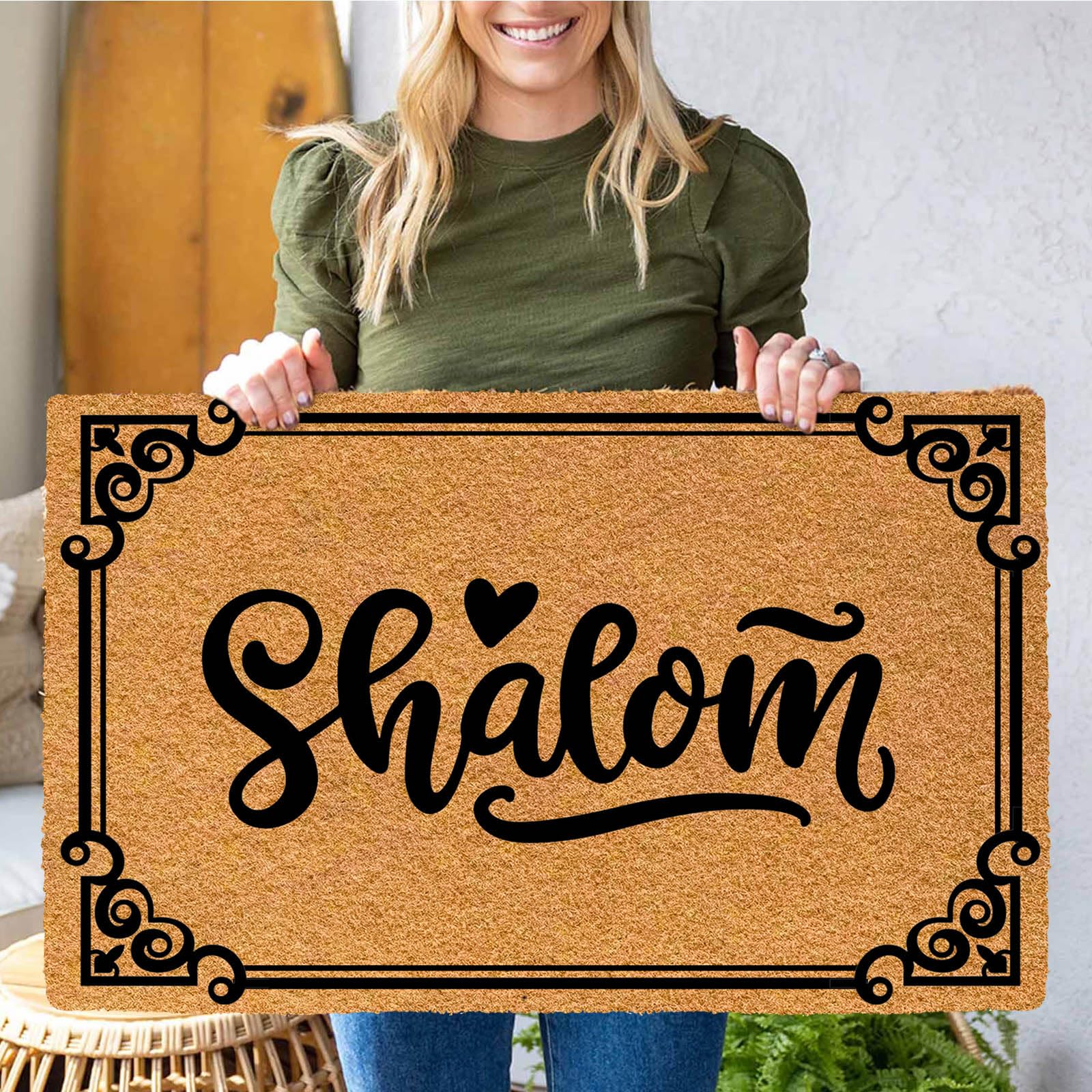 Shalom Paillasson en caoutchouc pour entrée extérieure, monogramme amusant, 60 x 40 cm