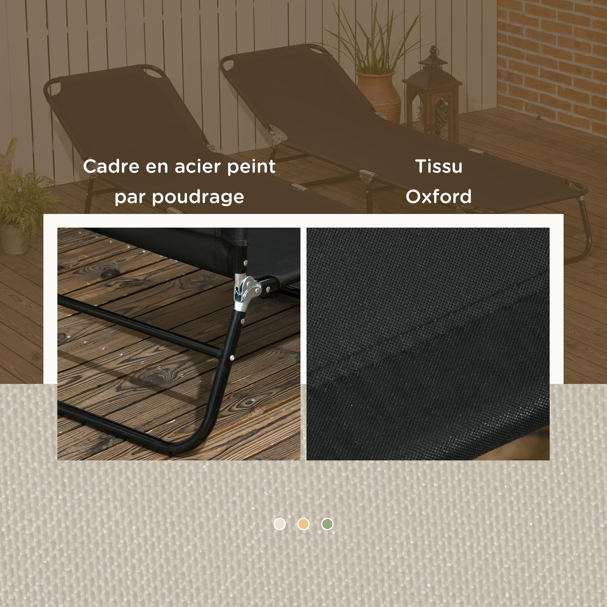 Outsunny Lot de 2 Bain de Soleil Dossier Inclinable 188x56x28cm Noir | Chaise Longue Pliante, Transat Jardin Extérieur, 5 Positions, Structure en Acier, pour Patio, Piscine, Terrasse