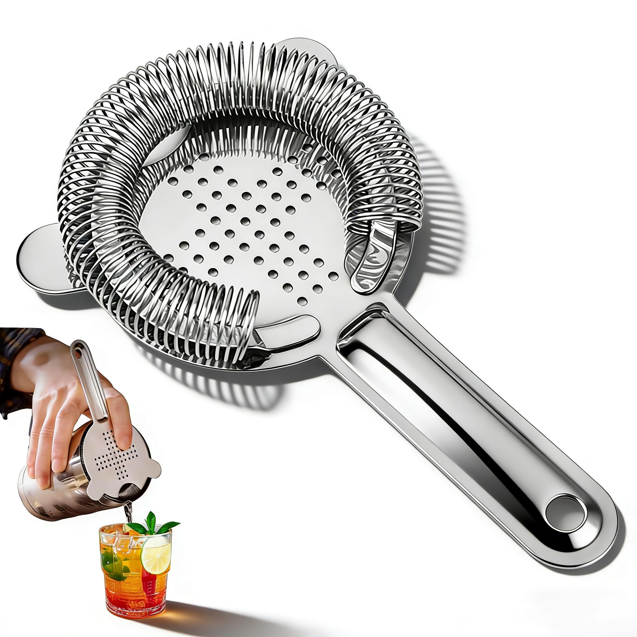 Cocktail Strainer Stainless Steel Handle Bar Strainer for Drinks - Professional Ice Filter for Bartending with Removable Spring, Durable Sieve for Tea Coffee & Home Bar