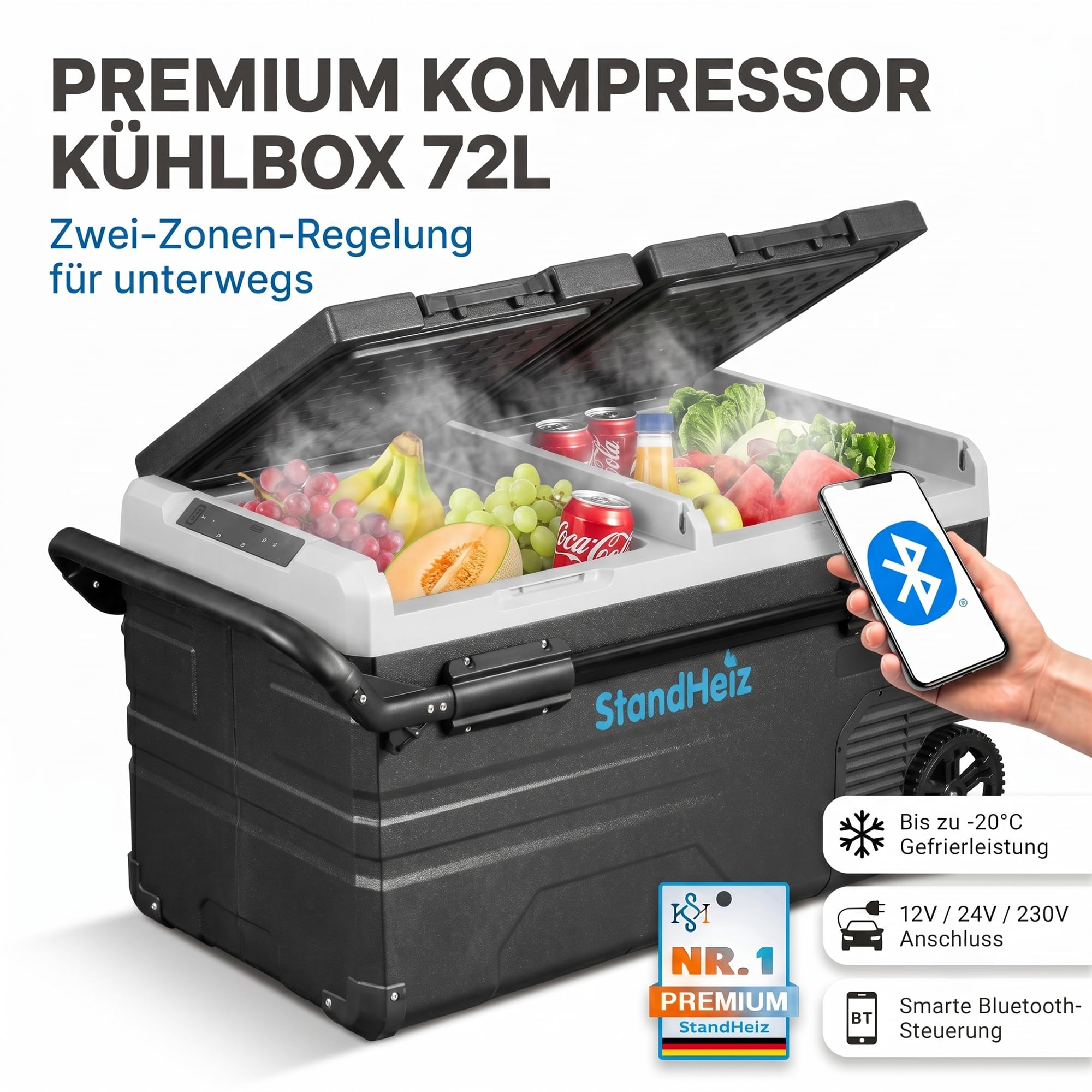 Kompressor Kühlbox 75L Dual Zone 12V 24V 230V – APP-Steuerung Tragbare Auto Kühlbox mit Gefrierfunktion bis -20°C, Leise Camping Kühlschrank für Auto, LKW, Wohnmobil, Camping