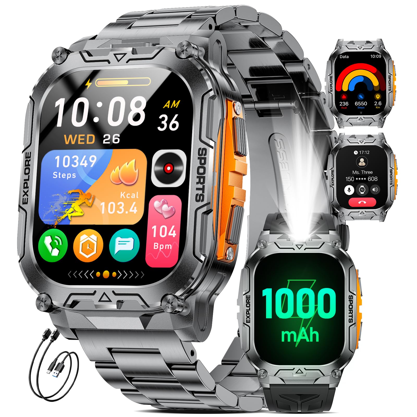Orologio Smartwatch Uomo, Batteria 1000 mAh con Torcia LED, Orologio Sportivo Display HD 2.01" Quadrato, 100+ Modalità Sport, Impermeabile IP68, Compatibile con Android e iOS (Nero-Arancione)