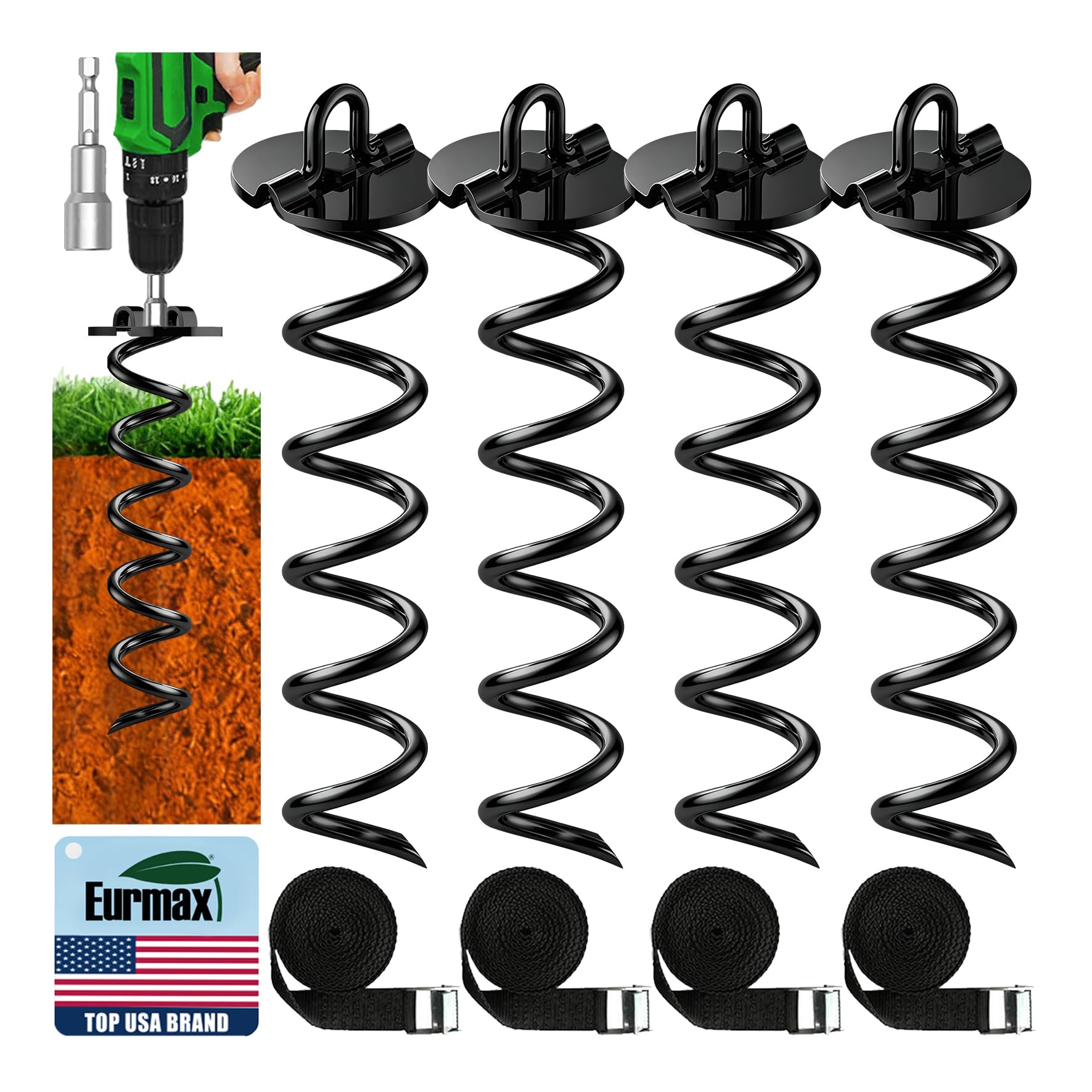 Eurmax USA 4-Pack Spiral Ground Stakes,Anti-Rust High Wind Trampoline Stakes Anchors,Heavy Duty Screw-in Anchor Kit with Tie Down Straps for Dog Tie-Out,Trampoline,Tents,Tarps,Carports and More,Black : Pet Supplies