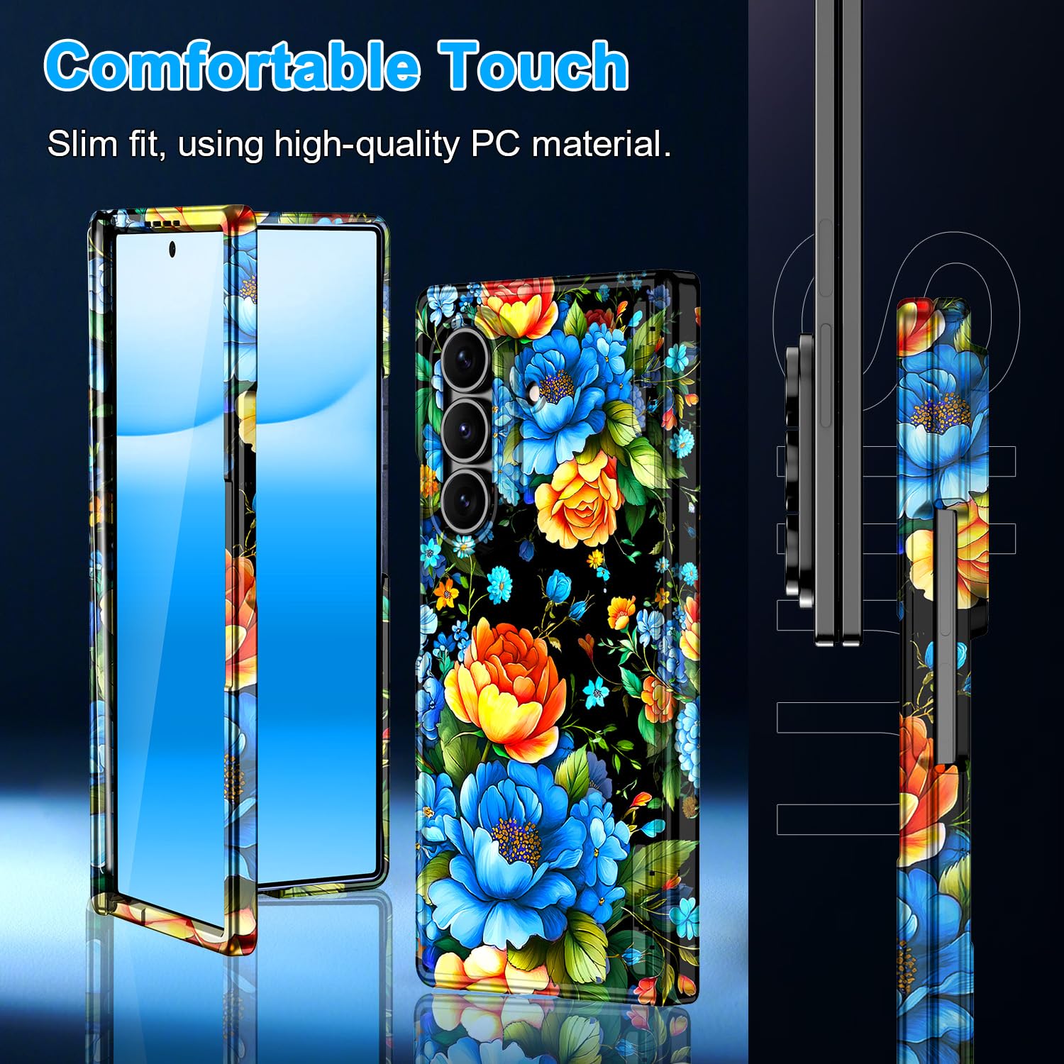 Hekodonk Custodia per Galaxy Z Fold 7, compatibile con MagSafe, pellicola protettiva integrata per lo schermo, protezione con cerniera, sottile, magnetica, antiurto, per donne e ragazze, con fiore blu