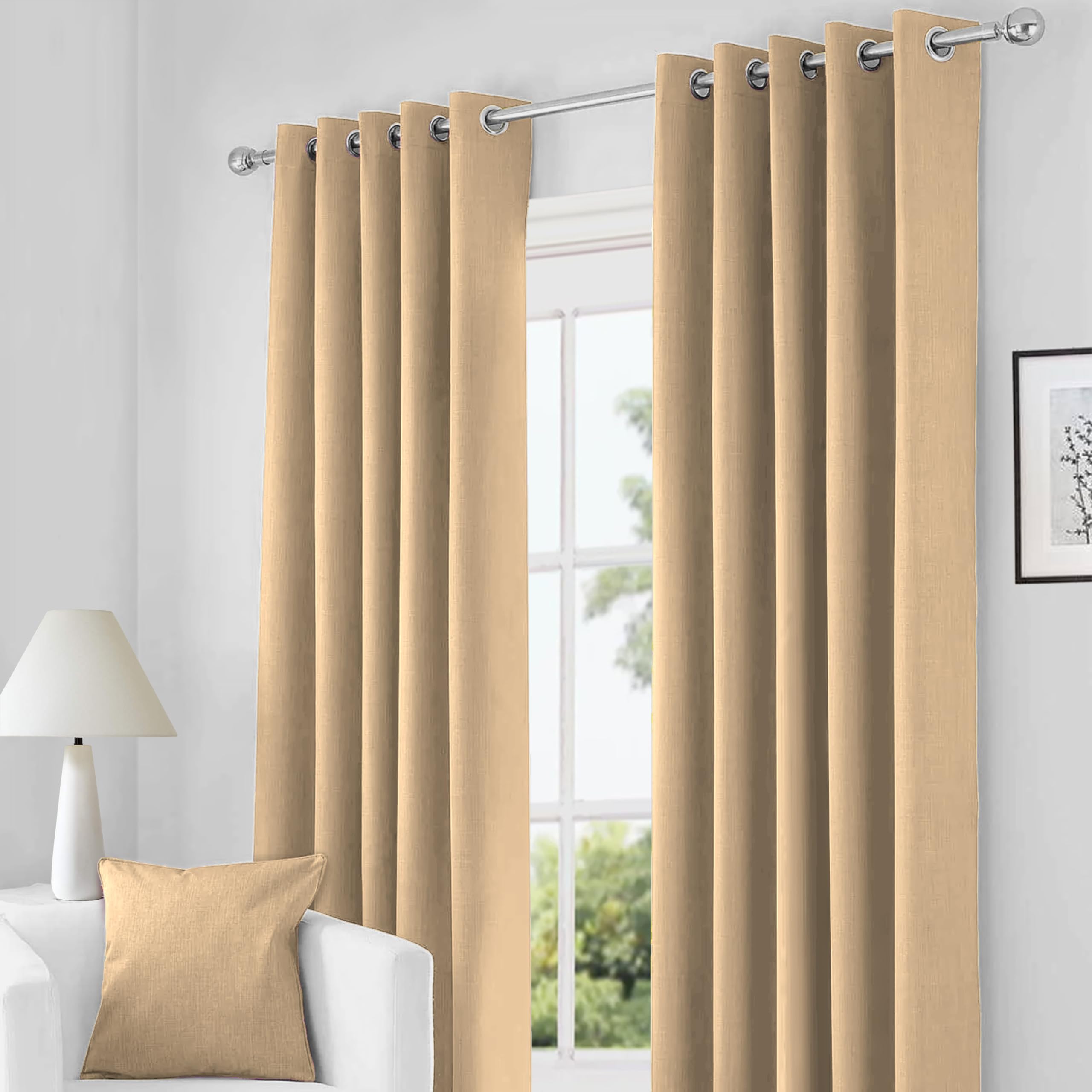RayyanLinen Readymade Blackout Thermal Eyelet Ring Top Pair of Curtains Including 2 free Tiebacks (CREAM NATURAL BEIGE, Width 66" x Drop 54")