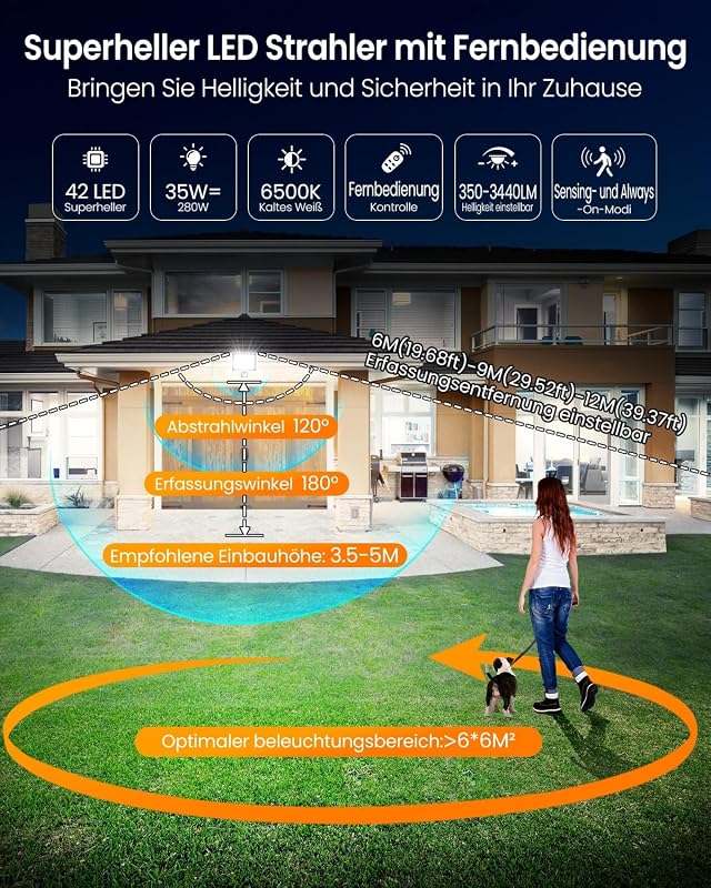 MEIKEE 35W LED Reflektor Mozgásérzékelővel - 3440LM, 6500K Hideg Fehér, IP66 Vízálló, 10 Fényerőszint, Távirányítóval - Kerthez, Garázshoz,