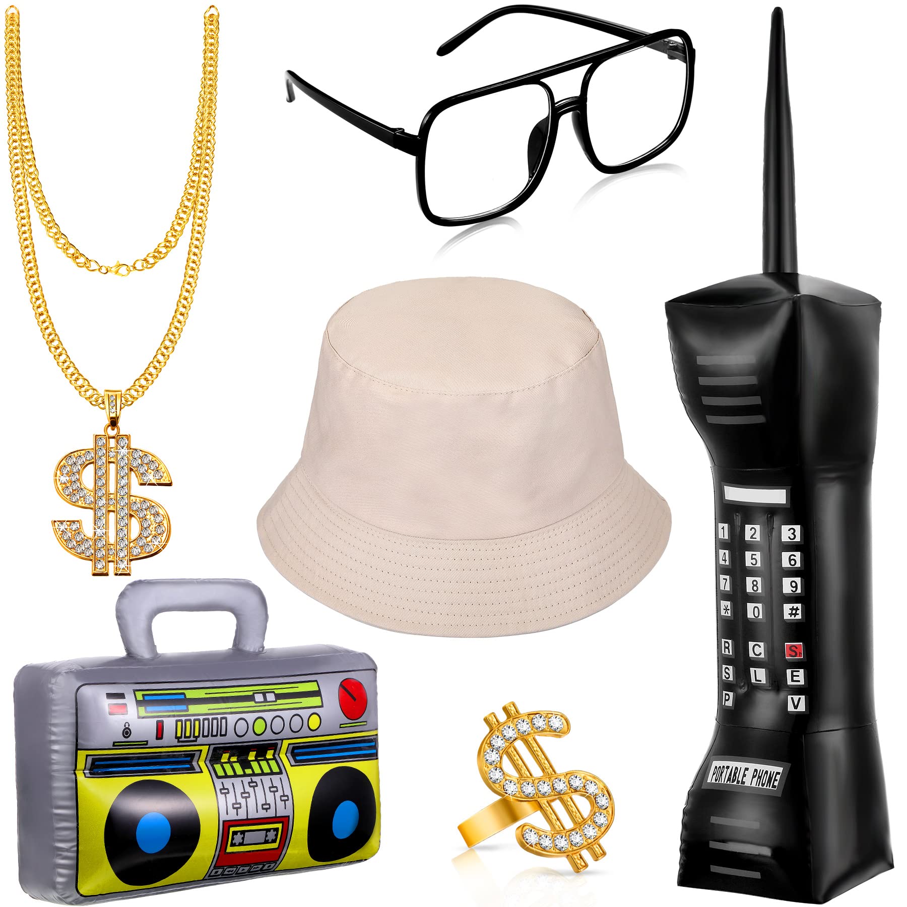 Sumind 6 Pcs Hip Hop Costume Kit 80s 90s Rapper Accessories for Men Women Inflatable Radio Box Necklace Ring Sunglasses Hat