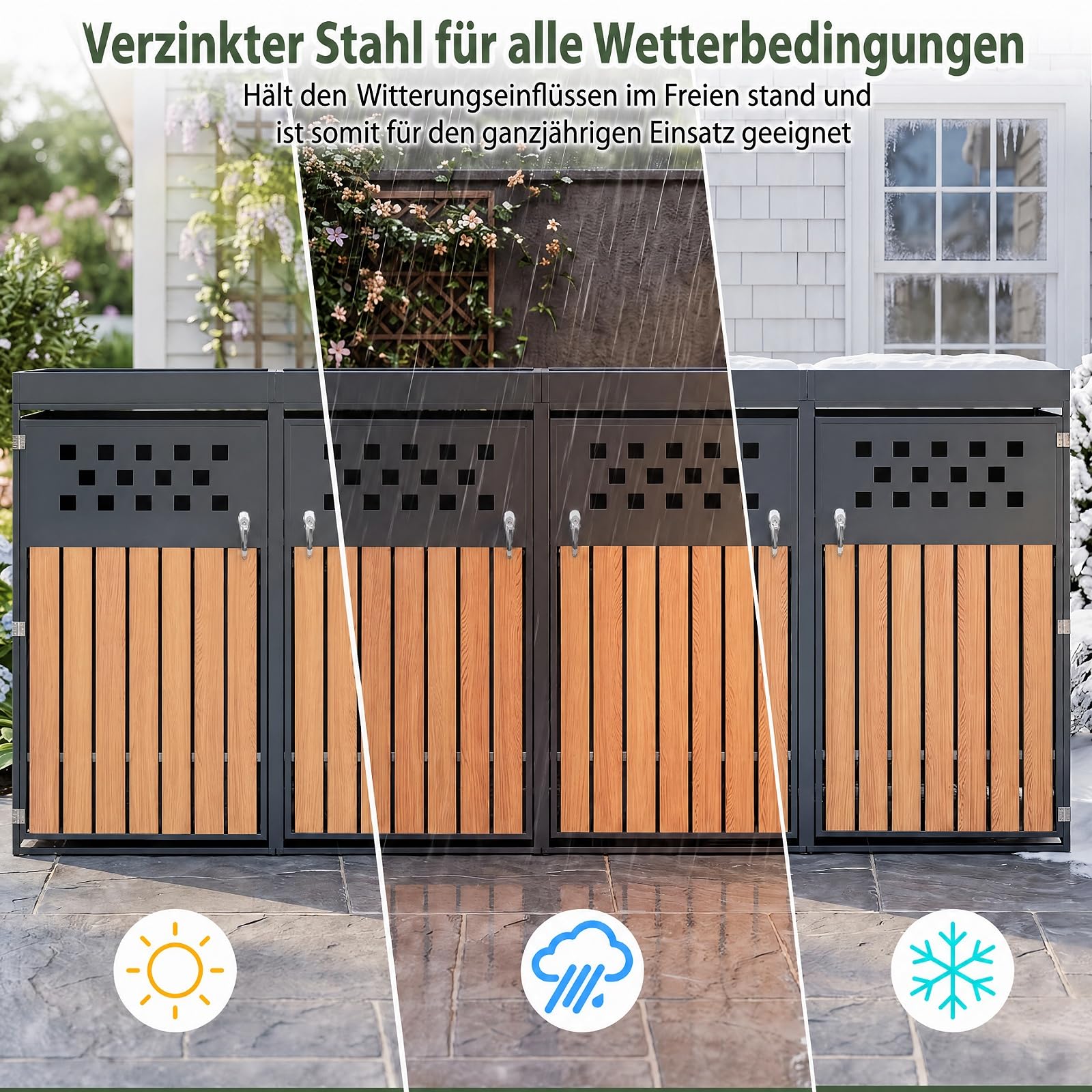 COSTWAY Mülltonnenbox 2er für 2 Tonnen aus verzinktem Stahl mit Pflanzdach | Mülltonnenverkleidung mit abschließbarem Griff, verstellbaren Fußpolstern & Sichtstreifen in Holzoptik, 132 x 80 x 124 cm