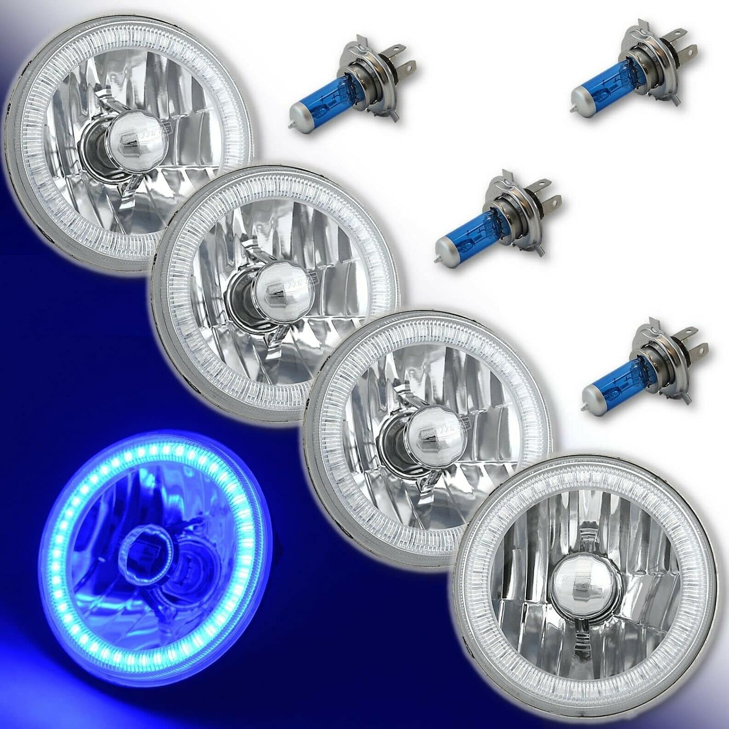 Octane Lighting 5-3/4" Blue SMD LED Halo Crystal Clear Headlight Metal Headlamp Halogen Light Bulbs Set (Blue SMD LED Halo, 5.75")