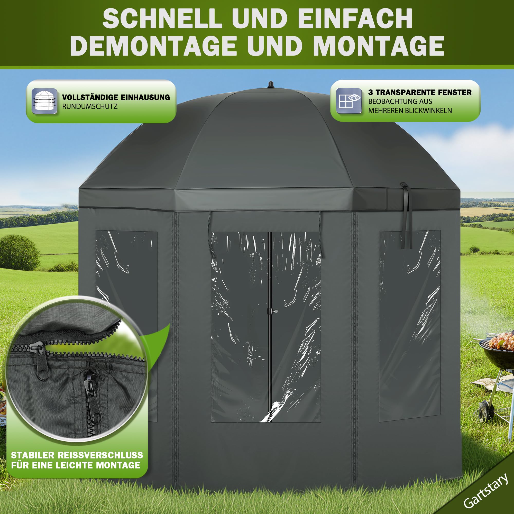 Angelschirm 240 cm - Stabilität Angelschirm mit Seitenwand - 210D Oxford-Gewebe, PU-Wasserdichte, Verstellbar Schirmzelt Angeln mit 3 Fenstern, Einfache Montage, für Outdoor Camping & Angler