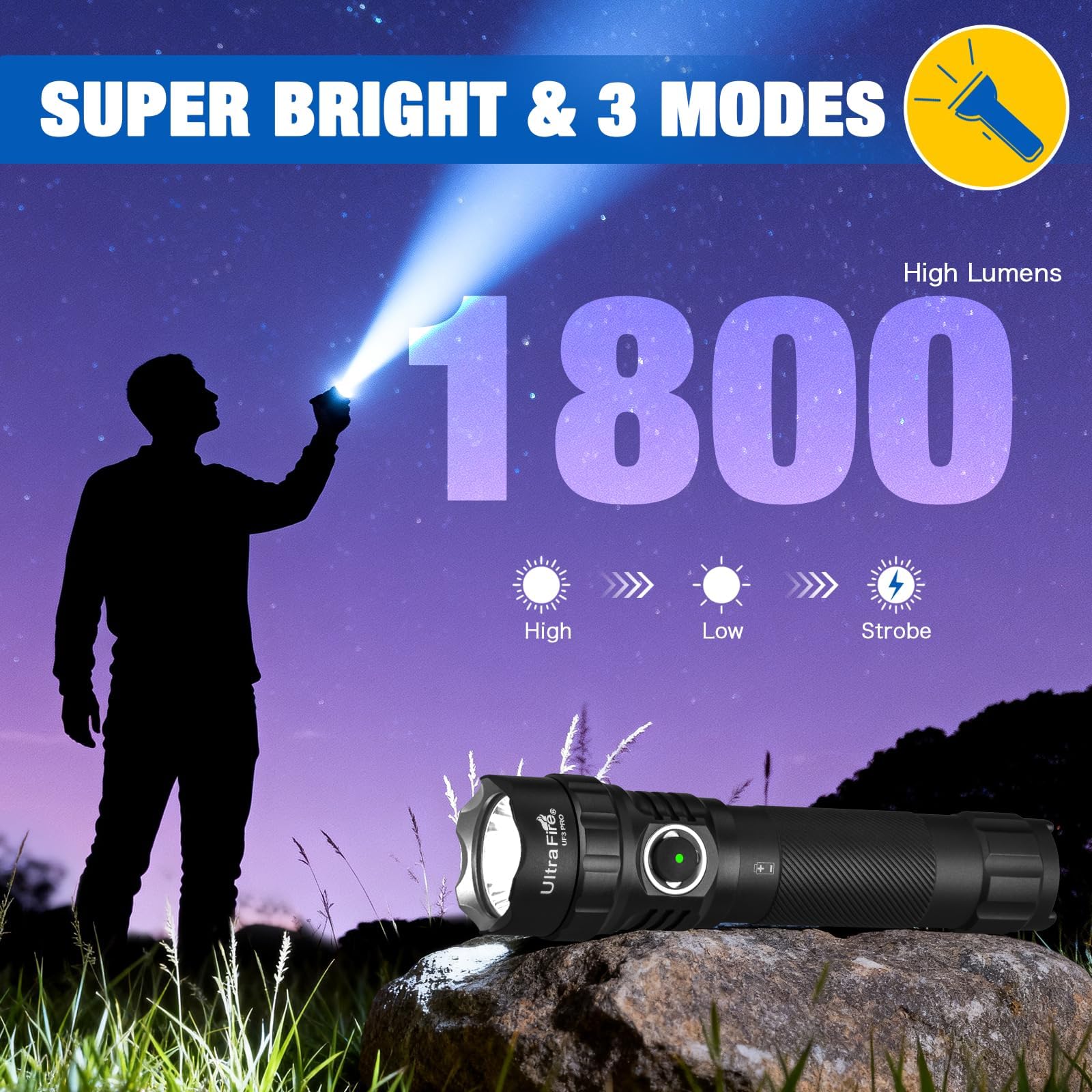 UltraFire UF3 PRO UF3 PRO - Linterna LED recargable con funda, 1800 lúmenes, USB-C, 3 modos con interruptor doble para policía/ejecución de la ley/patrulla/llamada de emergencia doméstica