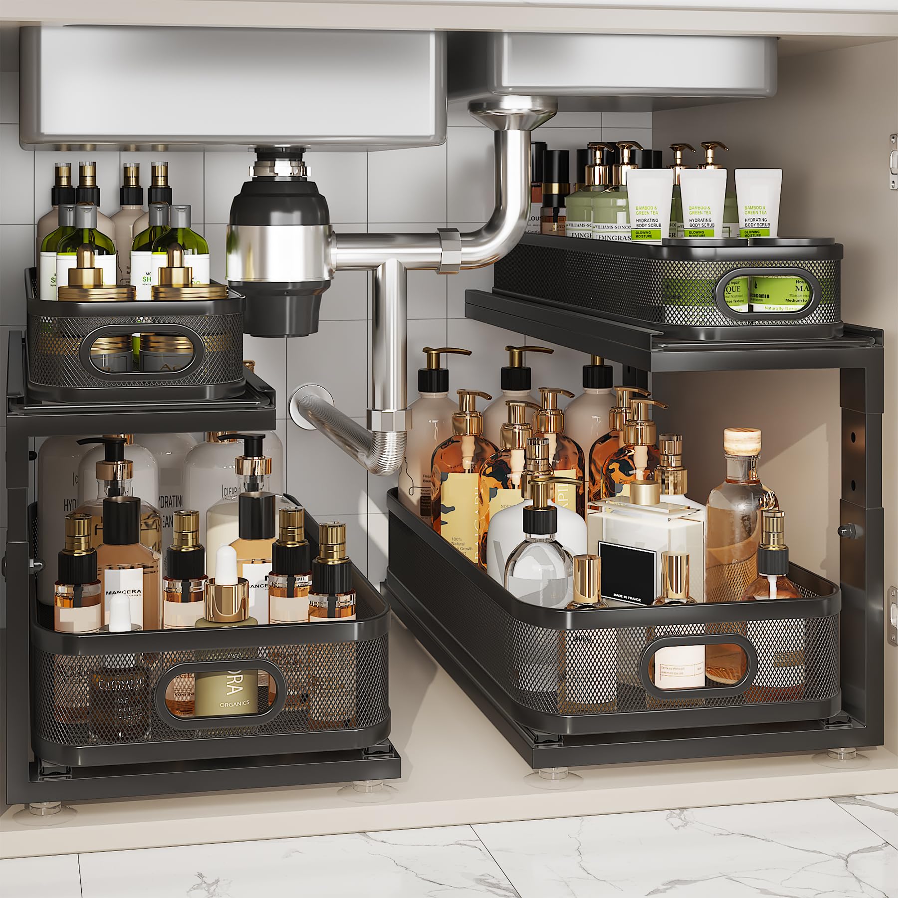 2 Pack 21IN-Depth Under Sink Organizer With Next-Gen Ball-Bearing Slides,2-Tier Precision Mesh Pull Out Cabinet Storage for Bathroom&amp;Kitchen,Height Adjustable Drawers Shelf,Anti-rust-Black