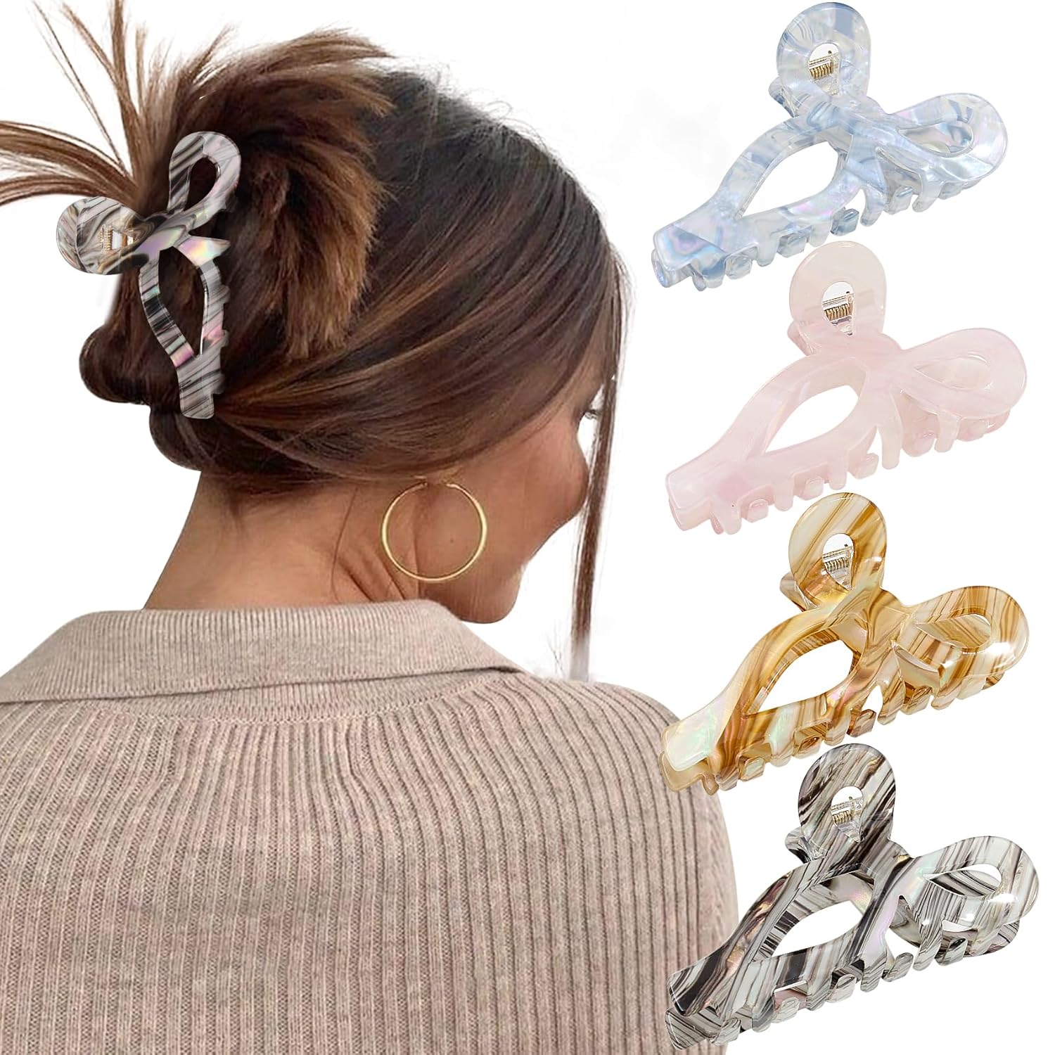4Pcs Bow Hair Claw Clips for Women - Large Acrylic Non-Slip Hair Clips, Strong Hold Hair Grip for Thick Hair, Cute Bow Butterfly Hair Accessories