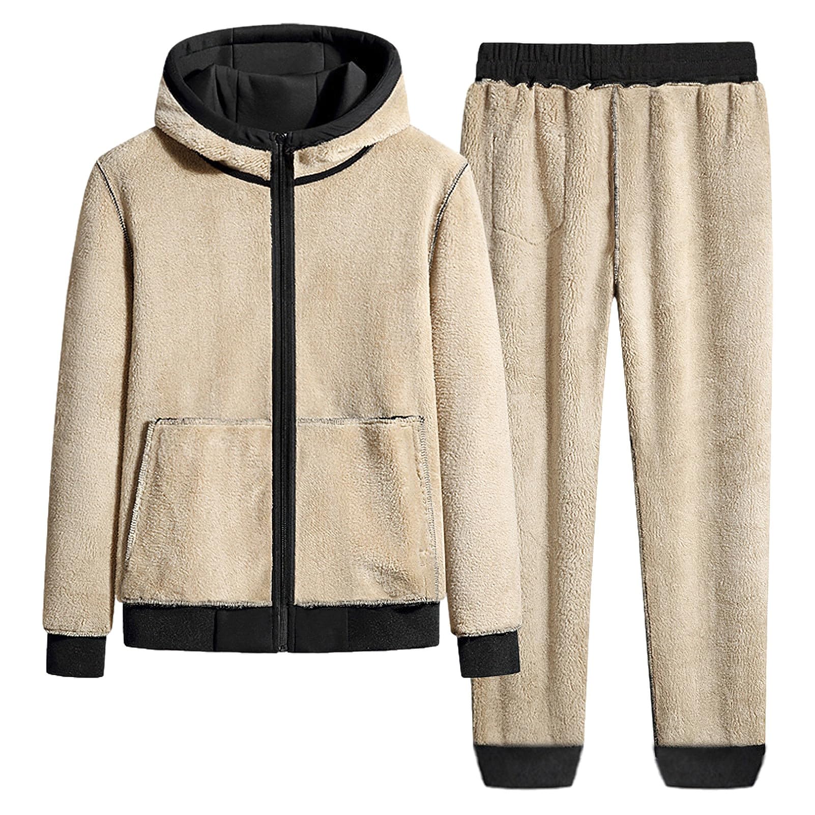 Homme Hiver Ensemble de Survêtement en Coton Doublé de Polaire Veste à Capuche et Pantalon de Jogging avec Poches Zippées