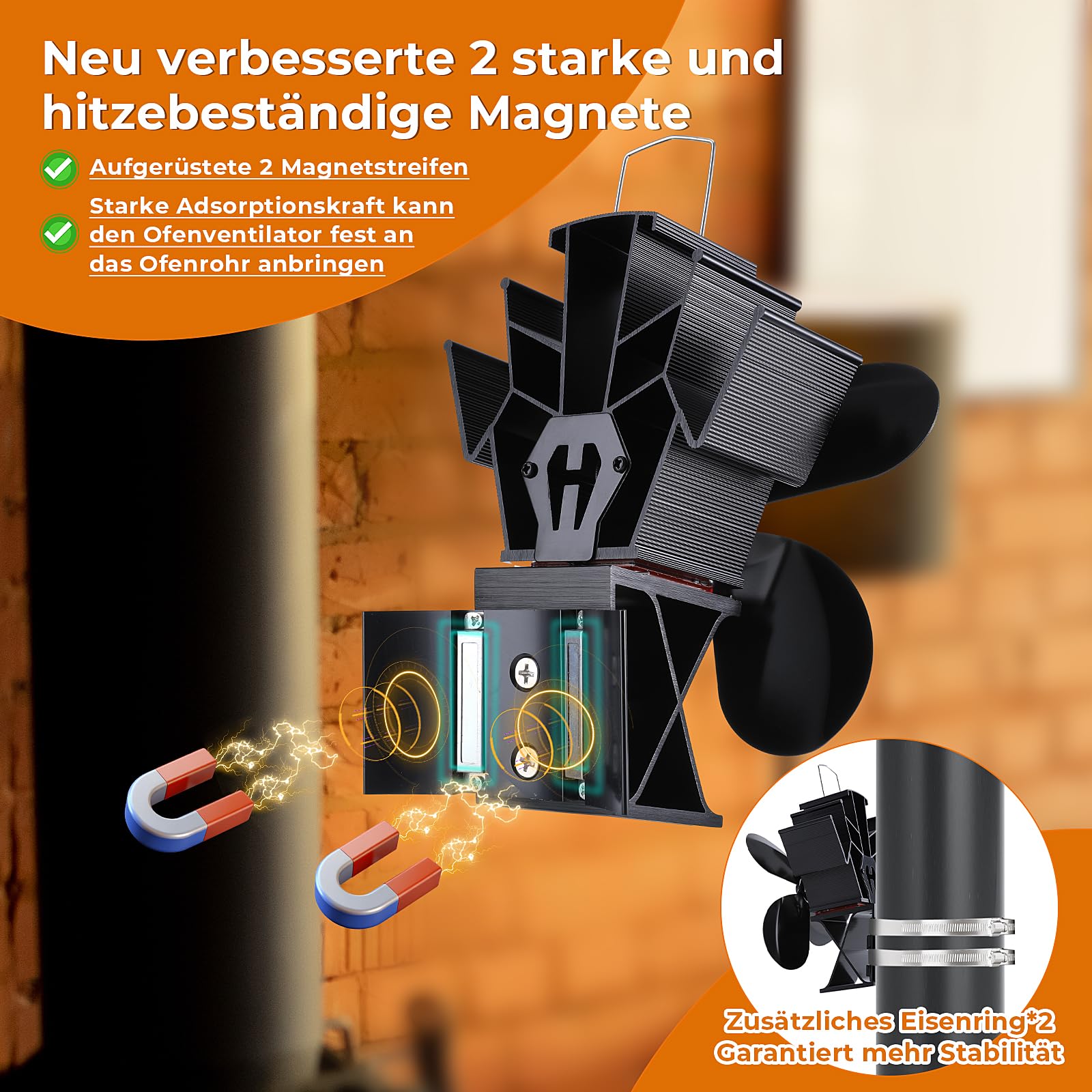 Ventilatore magnetico 3 in 1, migliorato ventilatore per stufa, senza corrente, silenzioso, con termometro e 2 anelli di ricambio, ventilatore per legna da ardere, focolare