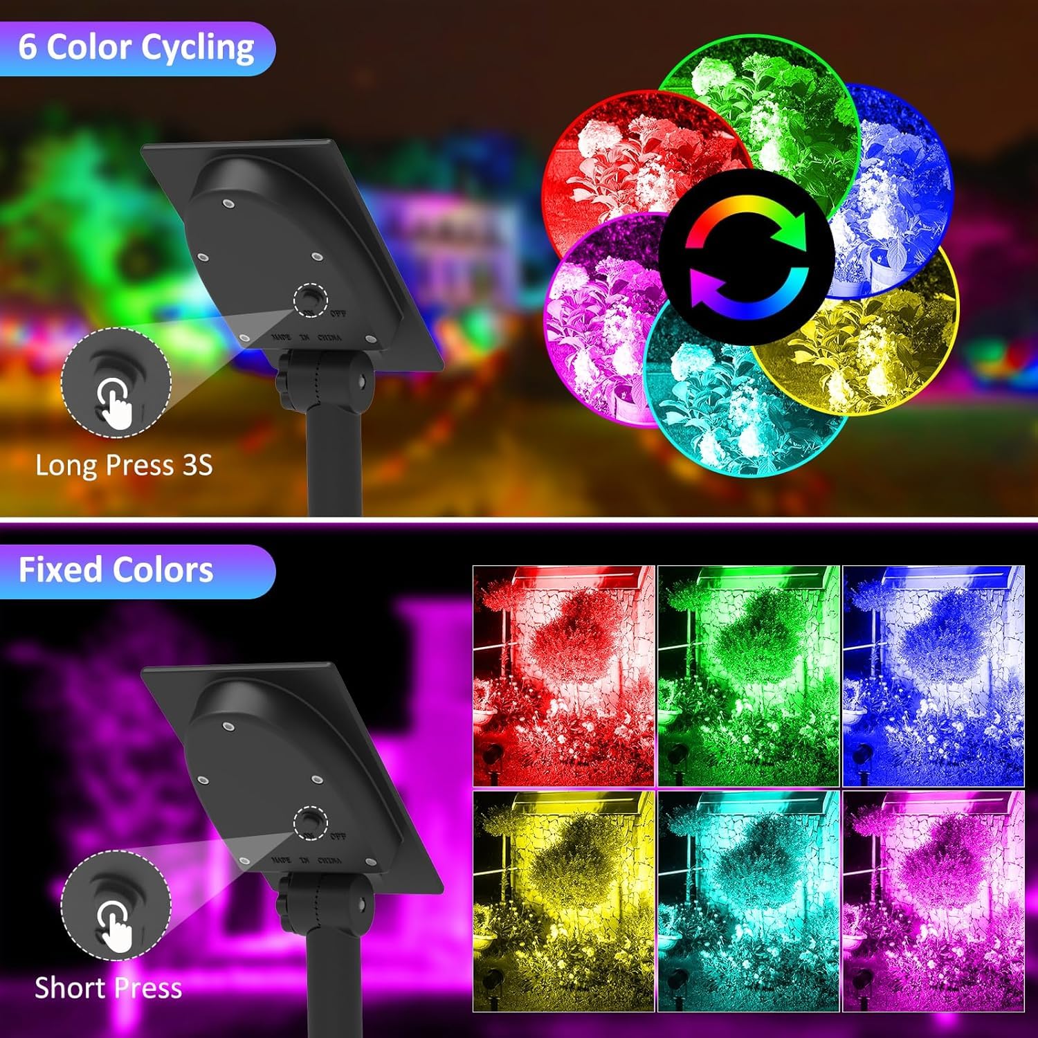 Lámpara LED Exterior Solare RGB, T-SUNUS Focos Solar Jardin Exterior con 6 Color Cambiantes, Impermeable IP65, Luz Solar Multicolor para Arboles Senderos Patio Paredes, 4 Piezas