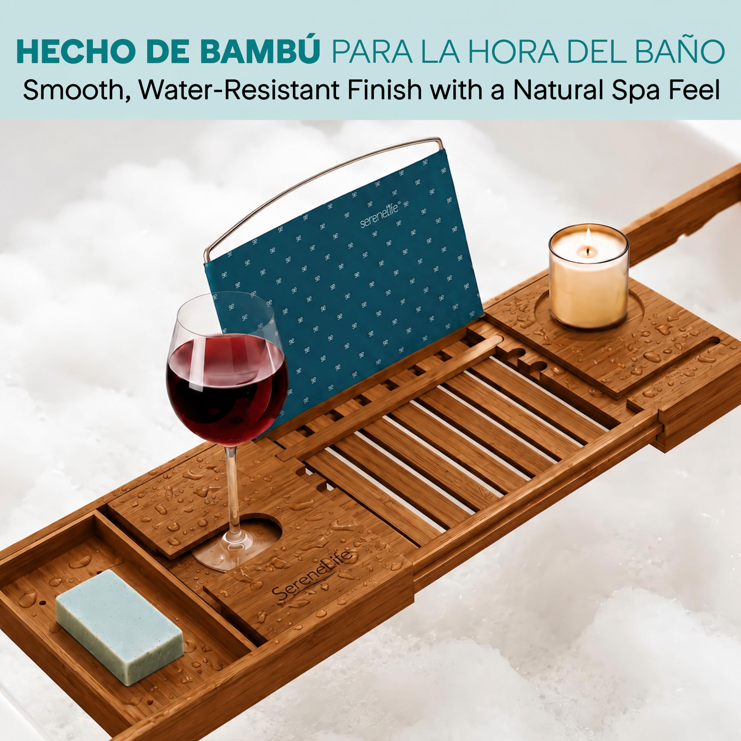 SereneLife Bandeja bañera, Bambu, Extensible, Ajustable, Soporte para Copa de Vino, Libro, Movil, Tablet