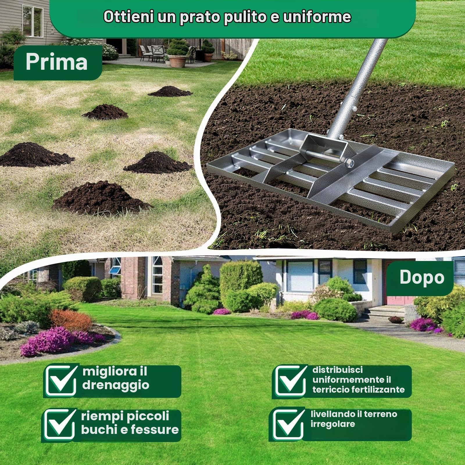 Rastrello livellatore per prato, strumento di livellamento per prato resistente con manico extra lungo in acciaio resistente, ideale per prati, cortile, giardini, campi da golf, fattorie e pascoli