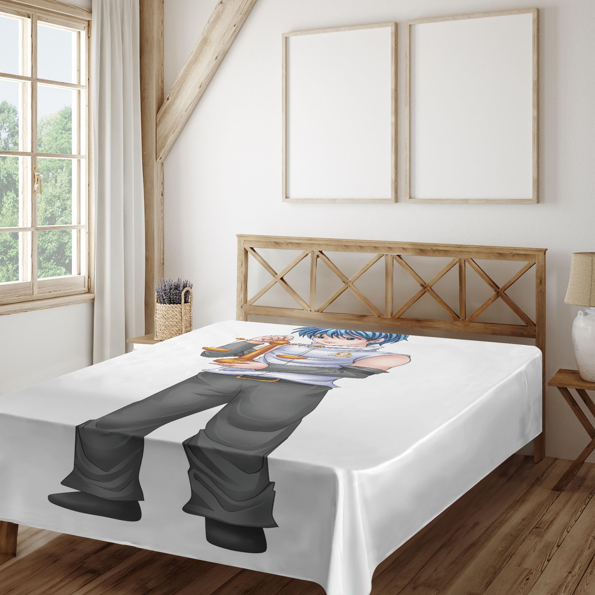 Ambesonne Anime Flat Sheet, Manga Style Illustration of a Zodiac Libra as a Teenage Boy Astrology Theme, Soft Comfortable Top Sheet Decorative Bedding 1 Piece, Queen Size, Multicolor