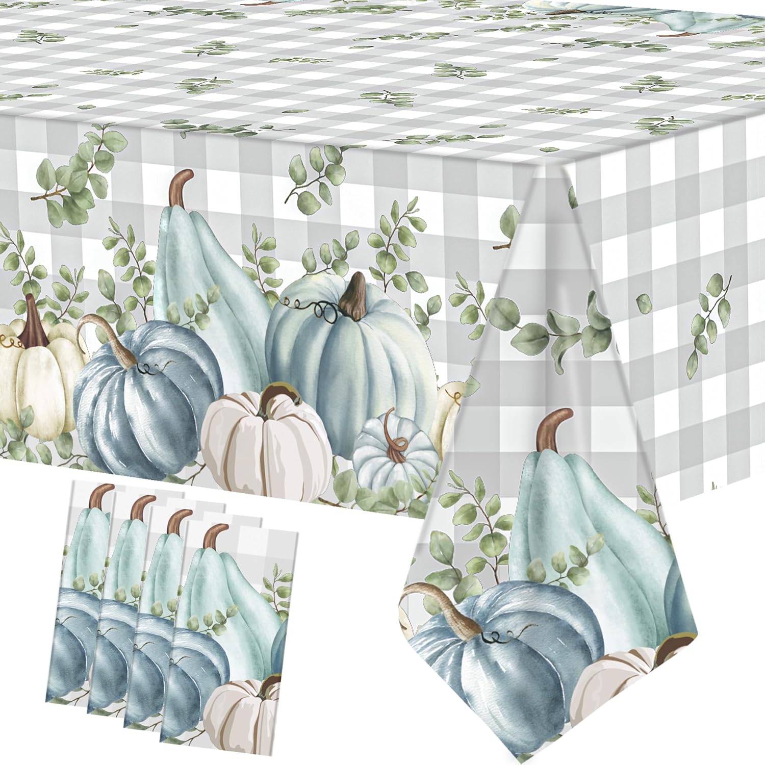 4 PCS Pumpkin Plastic Tablecloth Fall Plaid Table Covers Disposable Blue Pumpkin