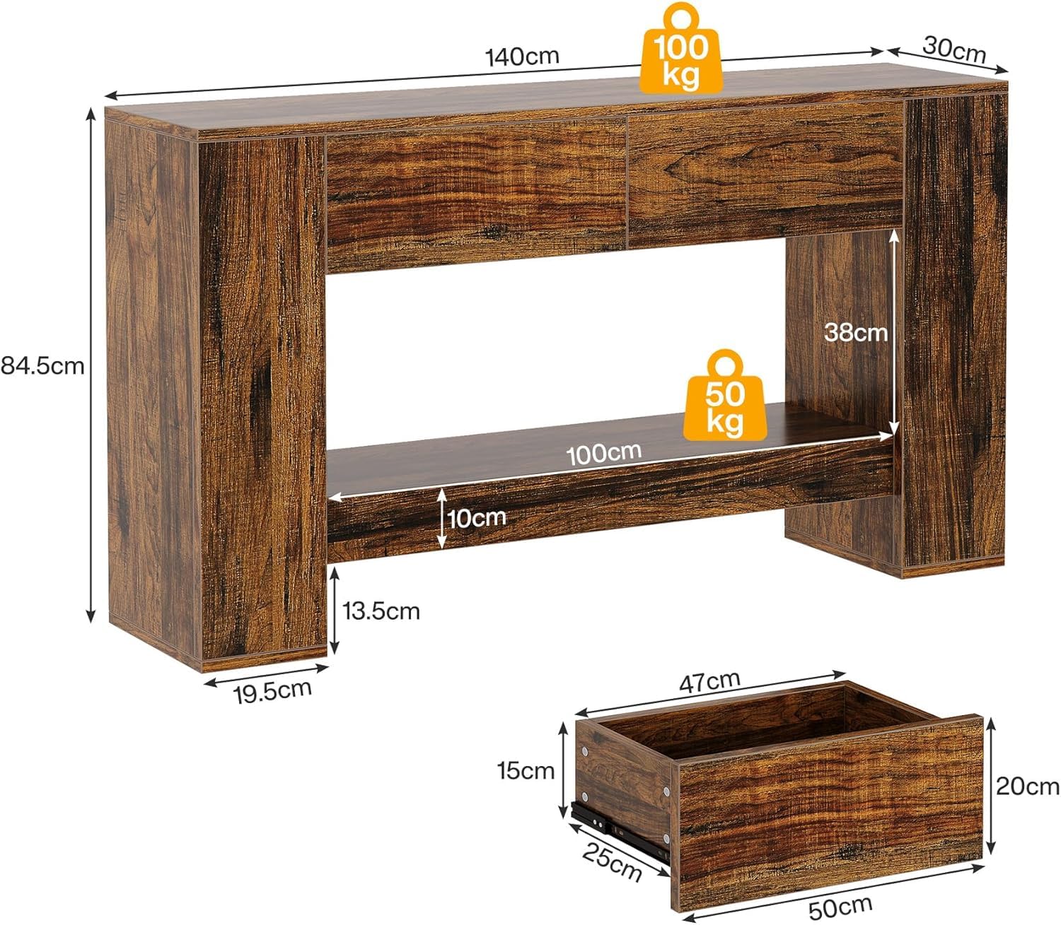 Lailang 140cm Mesa de Entrada, Mueble Recibidor Madera, Consola Estrecha, Aparador Entrada, Muebles Rusticos, 140 x 30 x 85 cm, Rustic Brown
