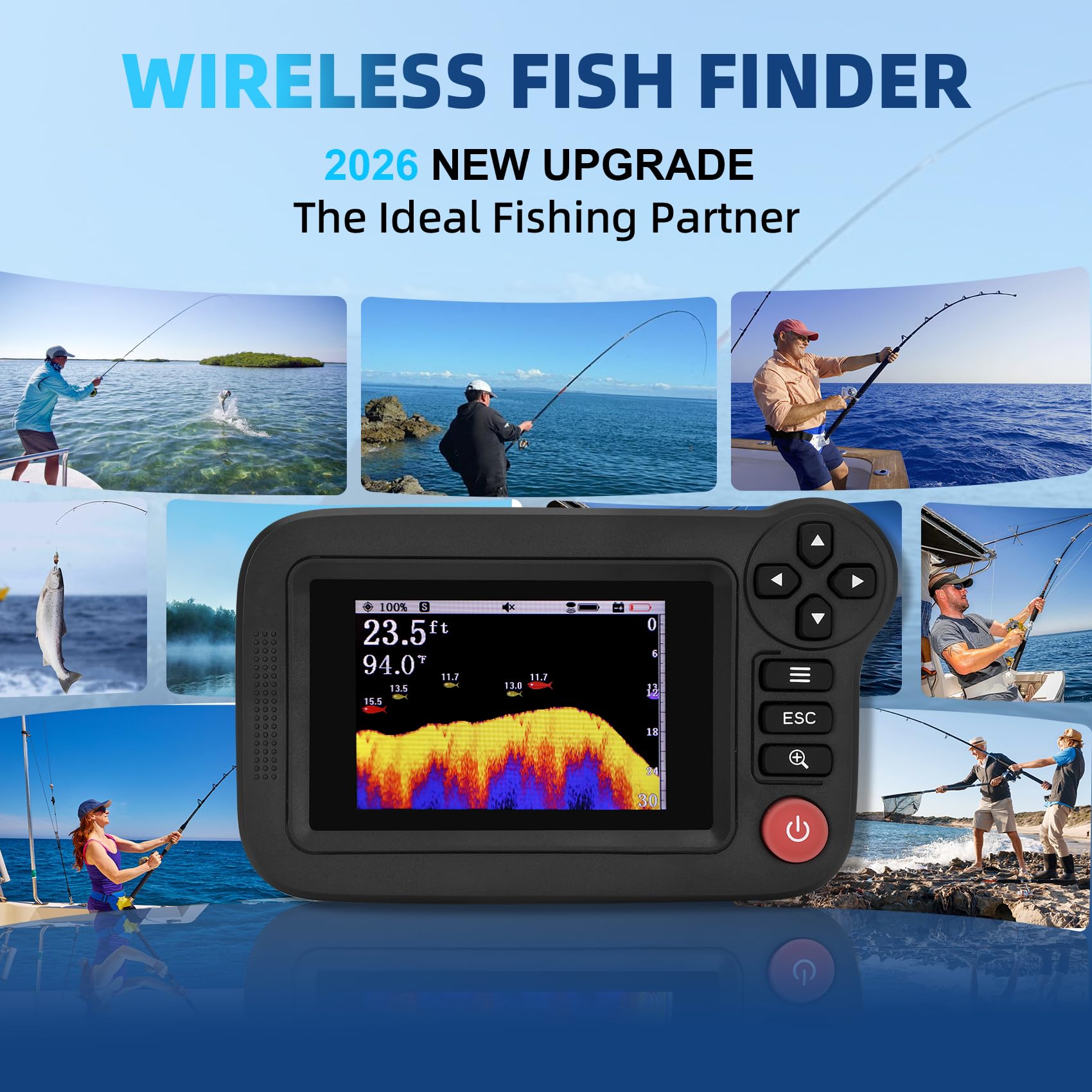 Ecoscandaglio portatile e ricaricabile, sonar wireless Fishfinder, con angolo di diffusione di 105 ° e display LCD TFT, localizzatore di profondità da 2,6 a 164 m, per pesca da riva, mare e ghiaccio