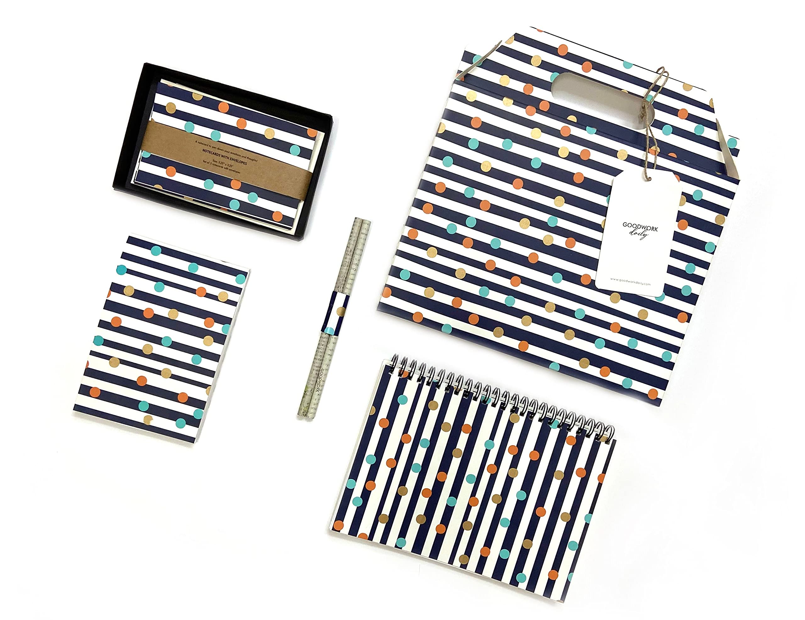 Stationery Set Notebooks, Notecards, Pencils, Notepad- Stripped Polkas
