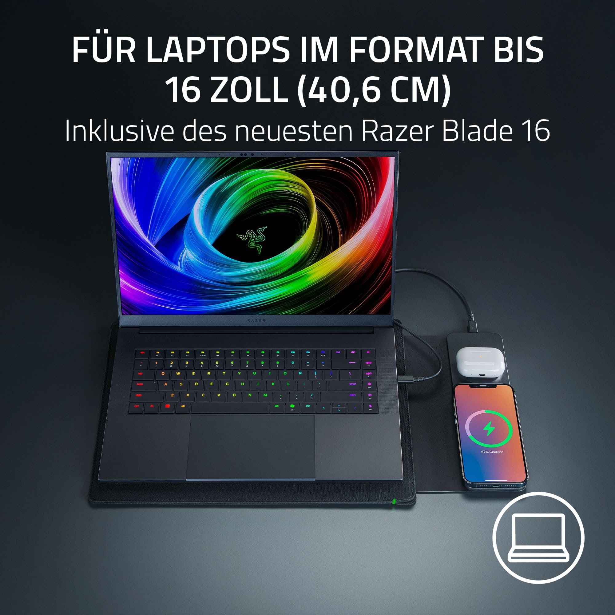 Razer Laptop Sleeve 16" mit kabellosem Laden – Zwei MagSafe-kompatible Bereiche für Smartphone und Earbuds - Schnellladen bis zu 15W - Gepolstertes Innenfutter - Leichtes Polyestergewebe | Schwarz