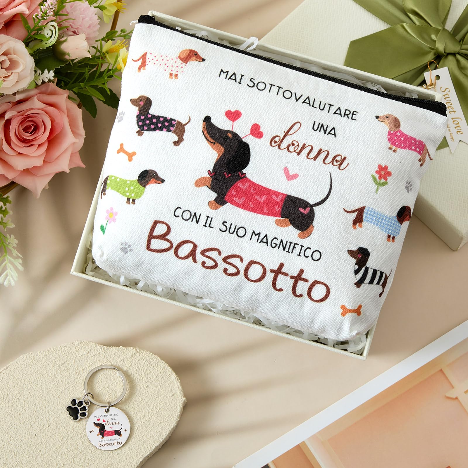 Xuniea Set Regalo Bassotto per Donna Borsa per Cosmetici con Cerniera di Bassotto Multifunzionale Grande Capacità Portachiavi Ideale per Viaggio Compleanno Natale Amica Fidanzata