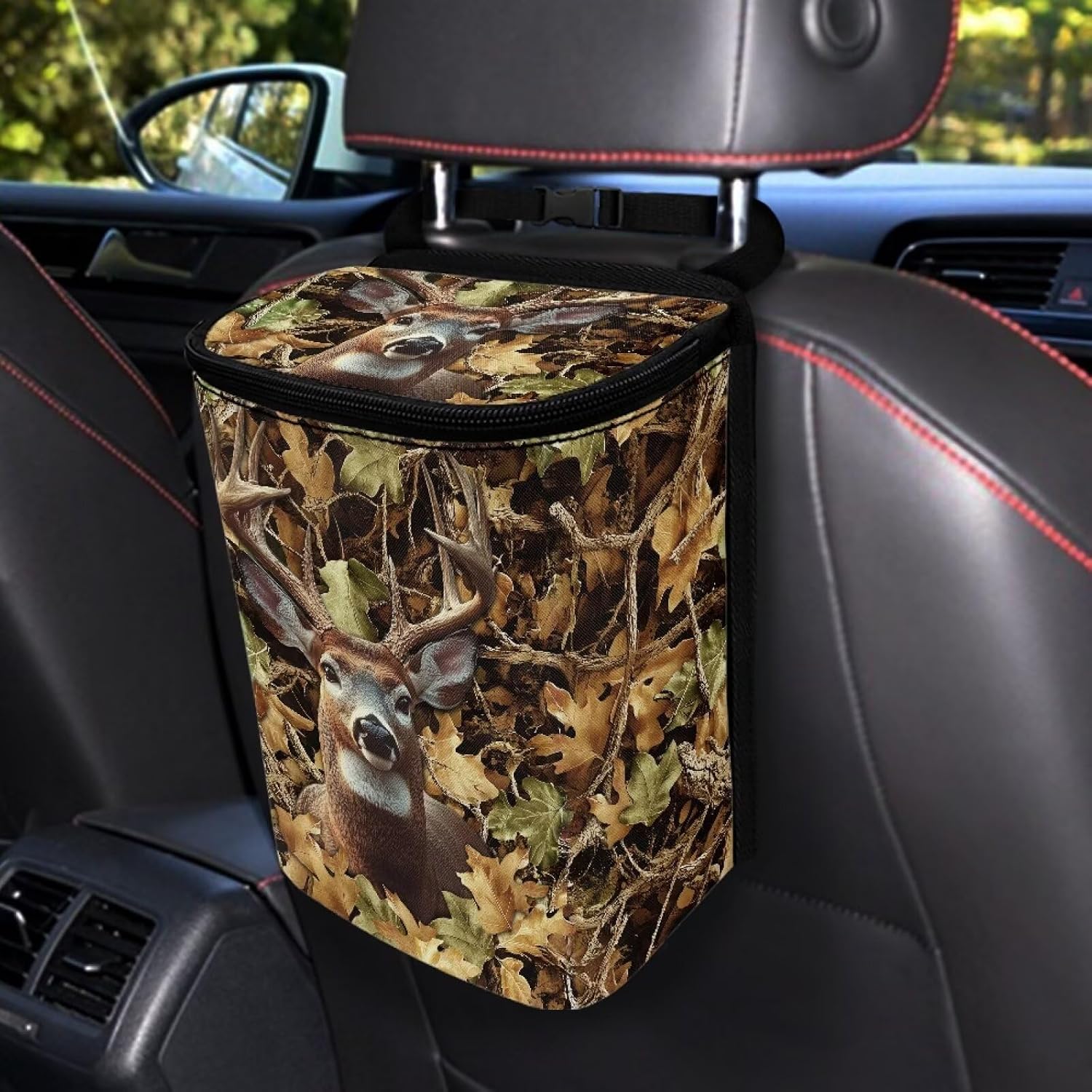 Talayituse Deer Hunting Camo Print Car Trash Can Accessories Organizer Garbage Bag Dustbin Container with Lid Waste Basket Storage Pocket Hanging Large Size Vehicle Trash Bin