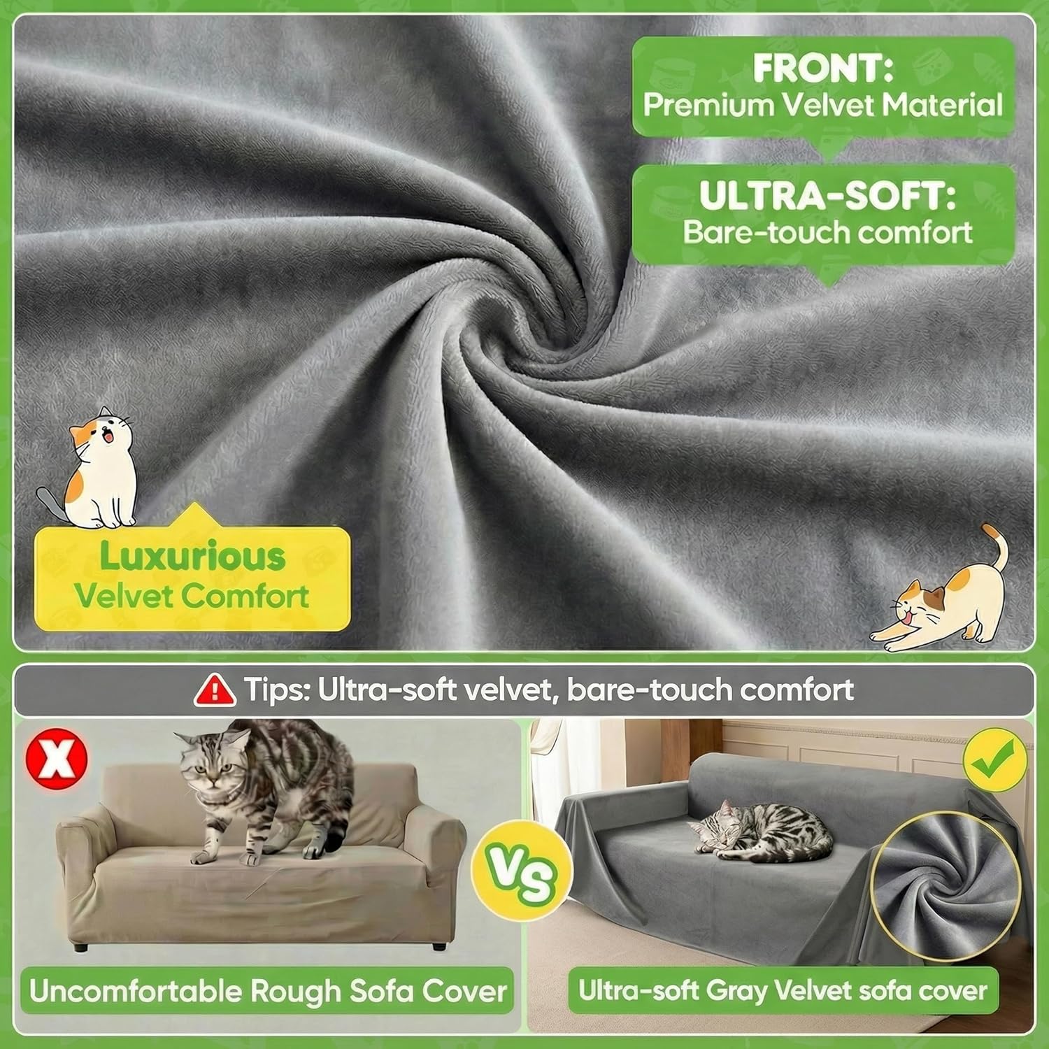 Loiion Velvet Sofa Cover, Ultra Soft Waterproof Non-Slip Couch Cover for Pets, Cat-Scratch Resistant Couch Cover, Pet & Kid Proof Scratch & Hair Resistant Washable Furniture Protector 118"X71" Grey