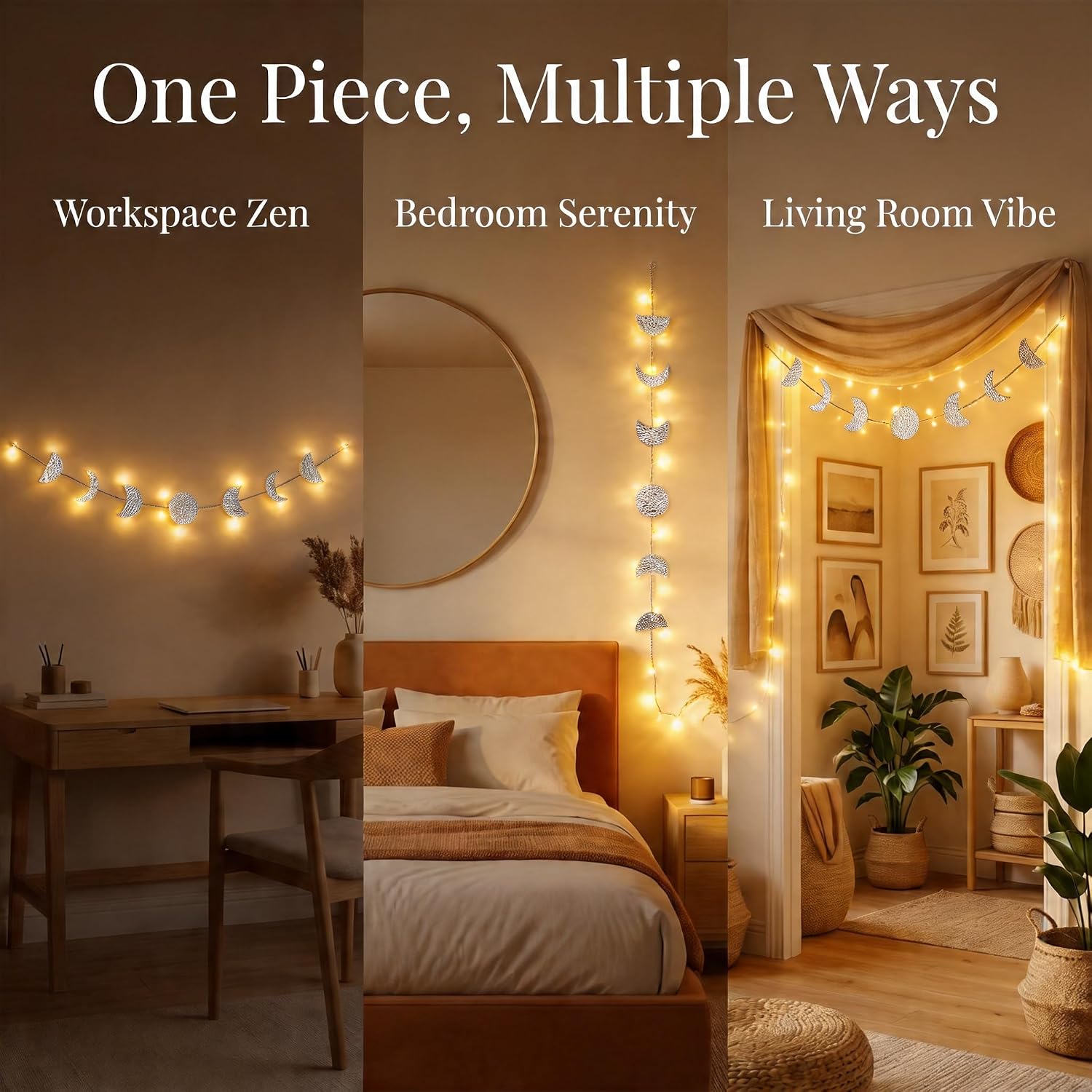 opulinea Moon Phase Wall Decor with LED String Lights, Silver Hammered Metal Celestial Wall Hanging