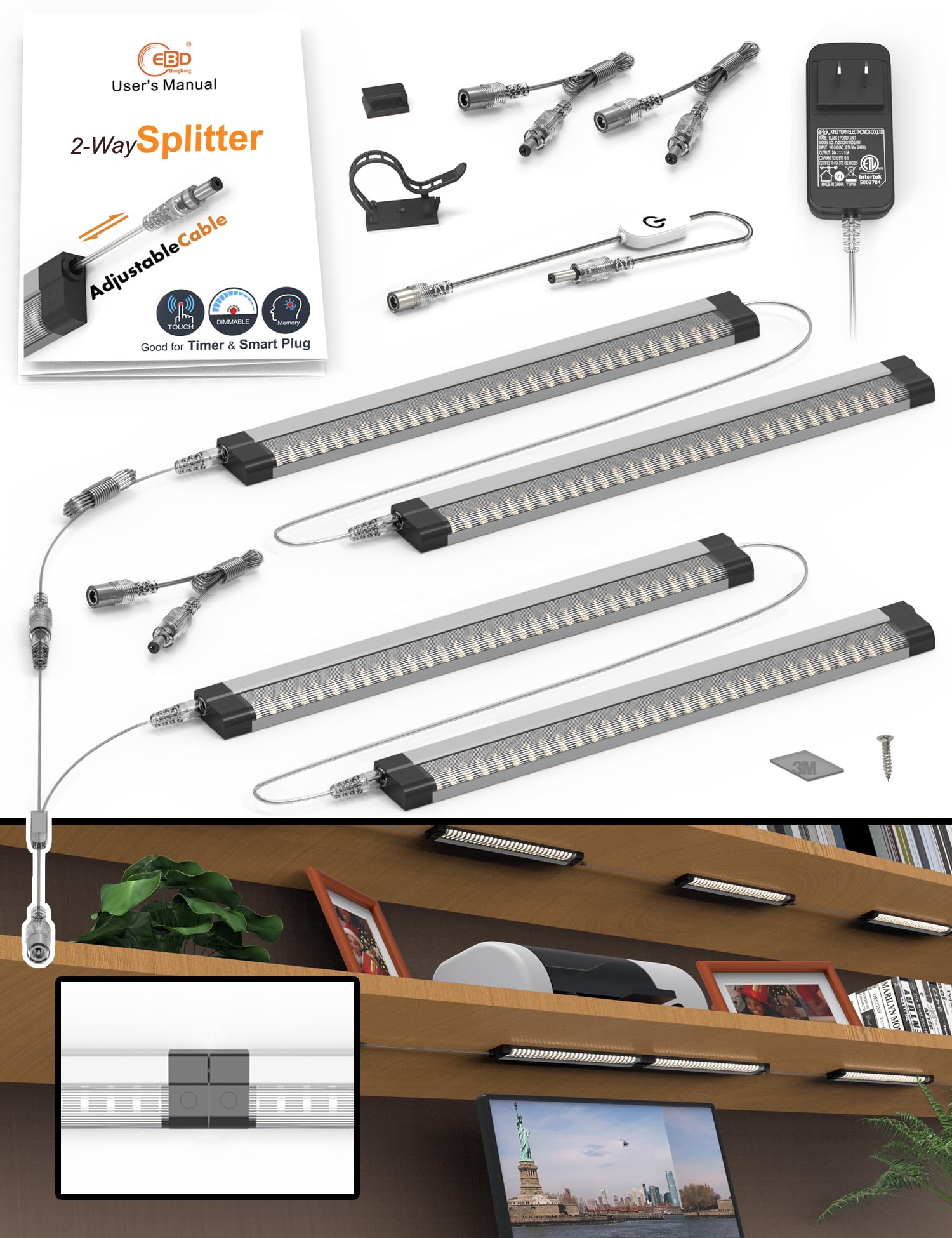 EBD Display Cabinet Lights Built-in Adjustable Cable for Kitchen 2-Way Splitter Touch Under Counter Lighting 4 Panels 1800 Lm 6500K Energy Super Bright Shelves Light Closet Bookcase & Shelf