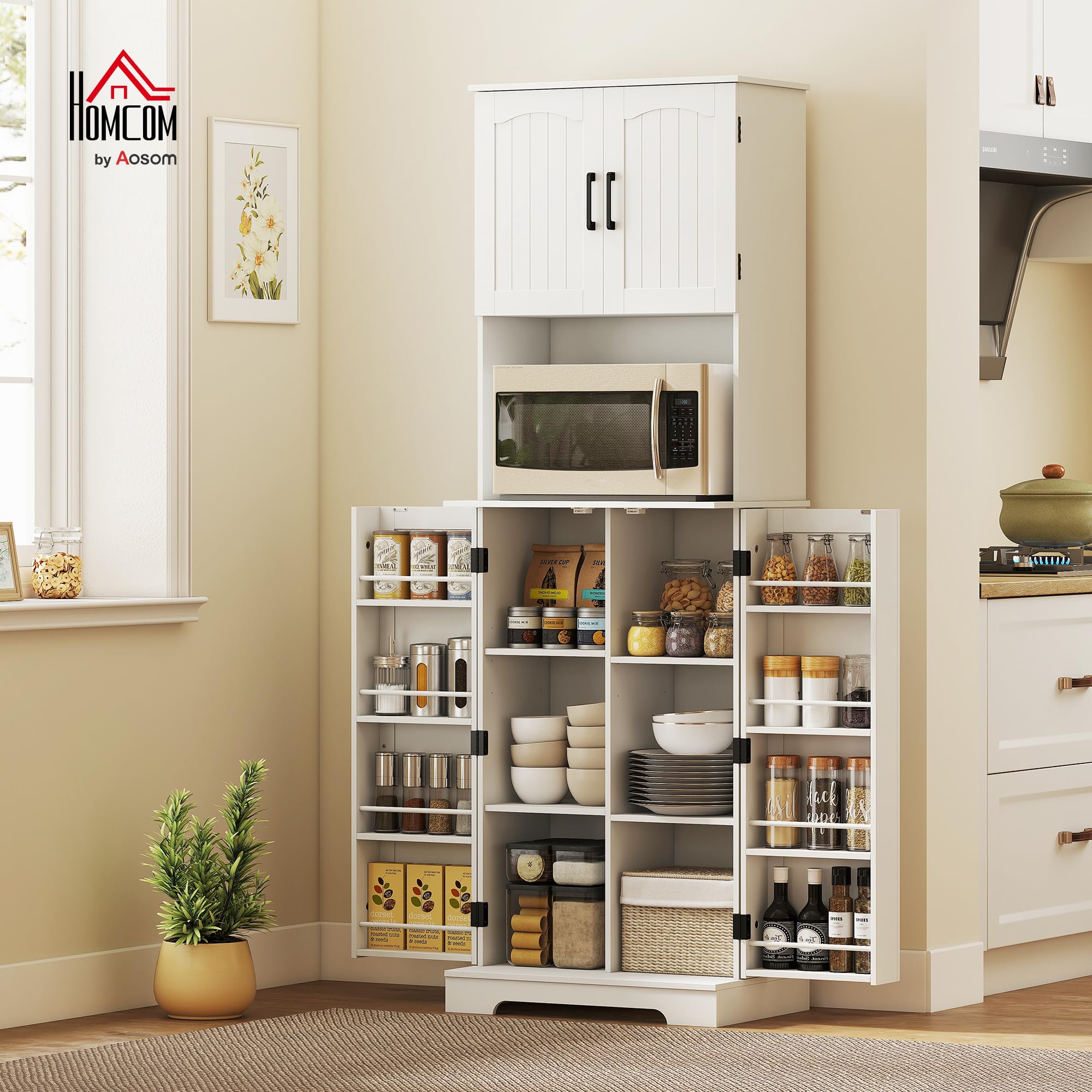 HOMCOM Credenza da cucina con 4 ante e 8 porta spezie e ripiani regolabili per soggiorno, sala da pranzo, piano di lavoro, 60 x 40 x 181,5 cm, bianco