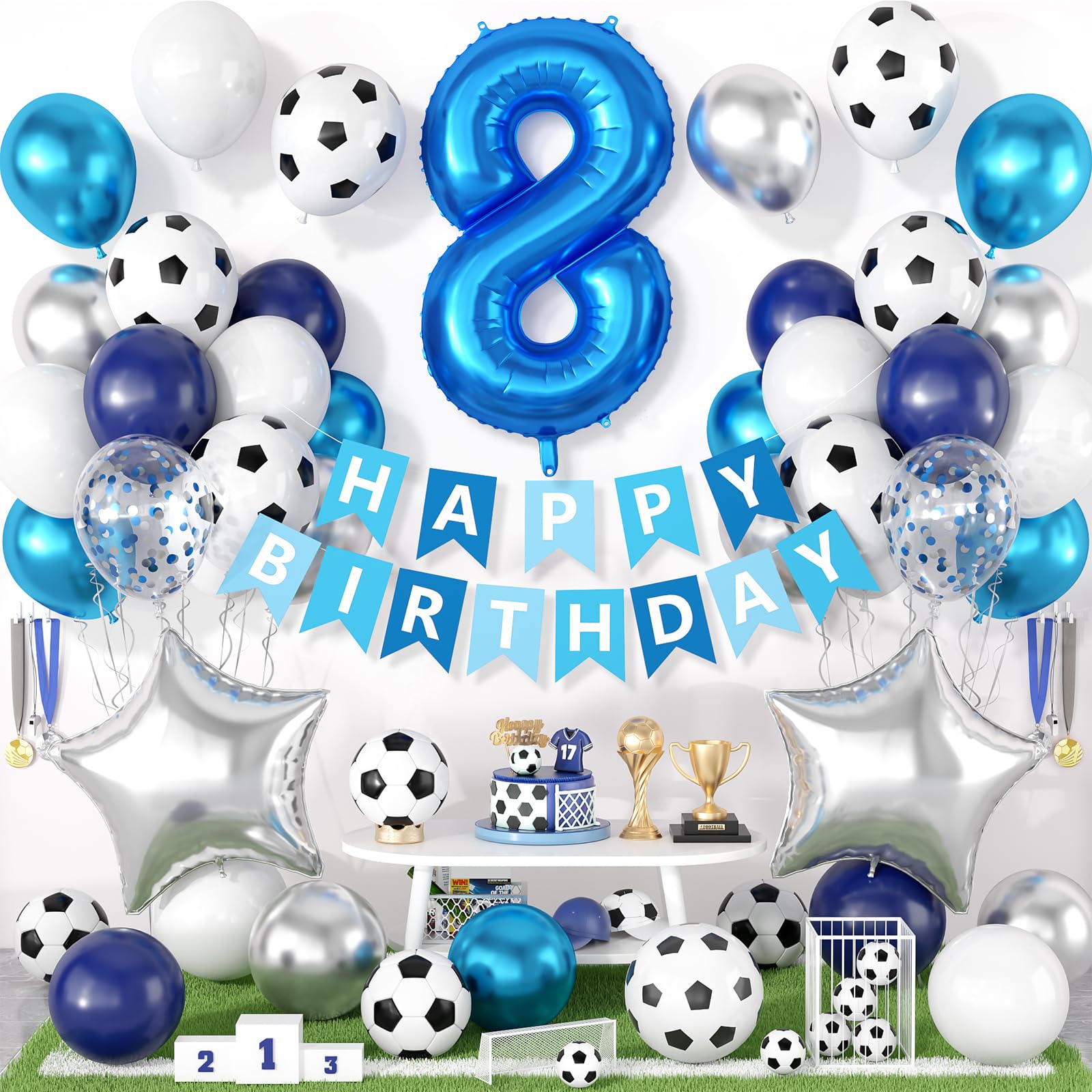 8th Football Birthday Party Decoration for Boys, Football Birthday Decoration with Blue White Silver Balloons Happy Birthday Banner 32in Foil 8 Balloon for Boys Kids Birthday Decor