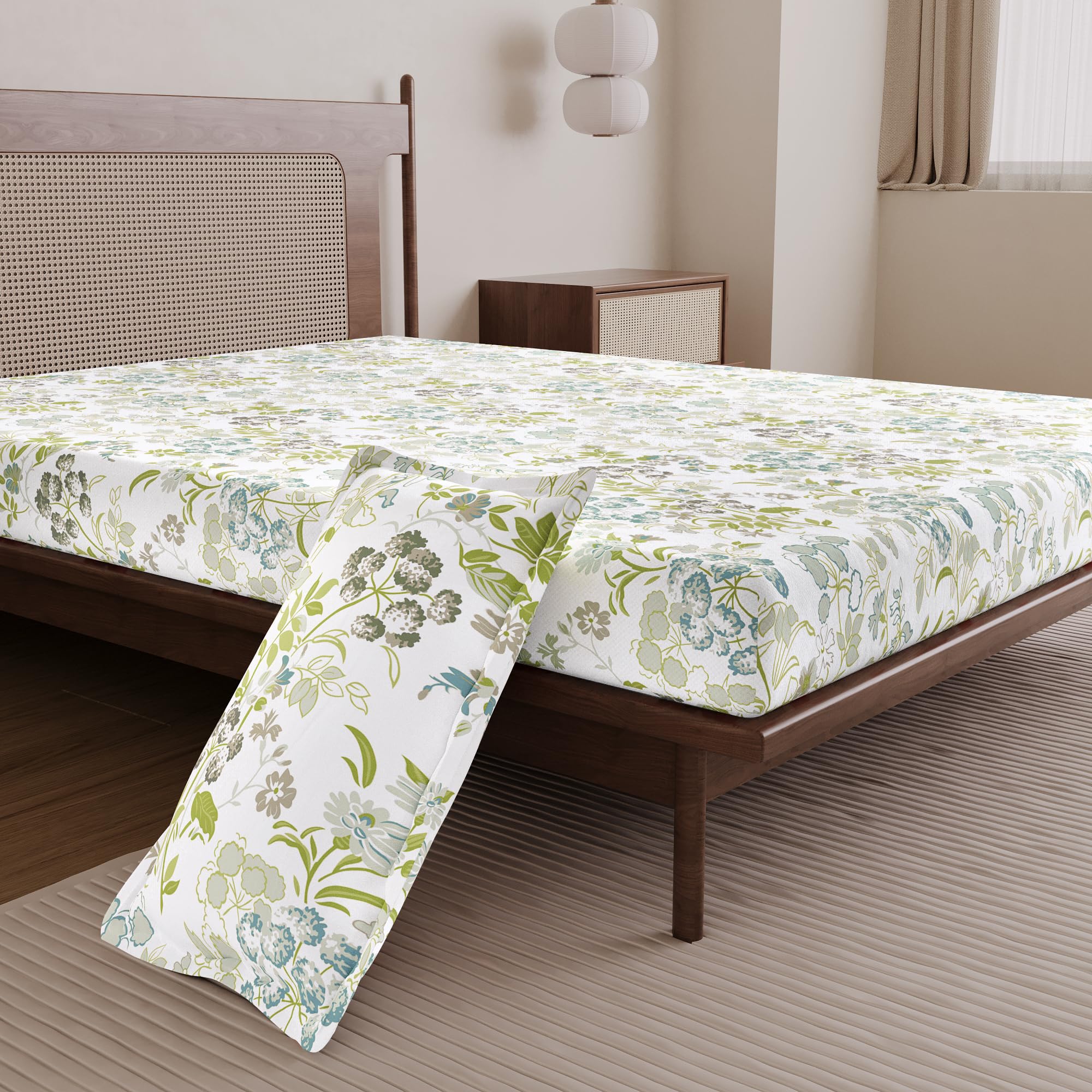 Divine Casa Premium 144 TC Cotton Single Bedsheet with 1 Pillow Cover | Soft Breathable Bed Sheet for Single Bed | Printed Bedding Set for Bedroom | 145 x 223 cm (Green Blush, Floral)