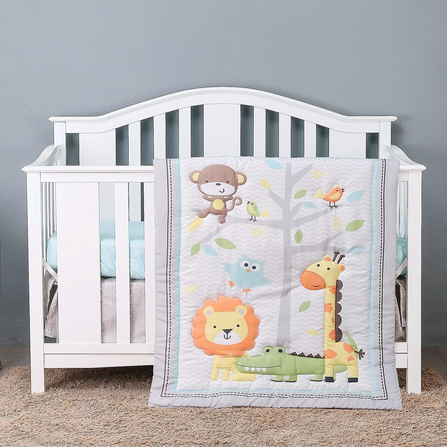 3Piece Jungle Theme Baby Crib Bedding Set for Boys Baby Girl Nursery Bedding Neutral Grey Lion Giraffe | Fitted Sheet, Crib Comforter, Dust Ruffle : Baby