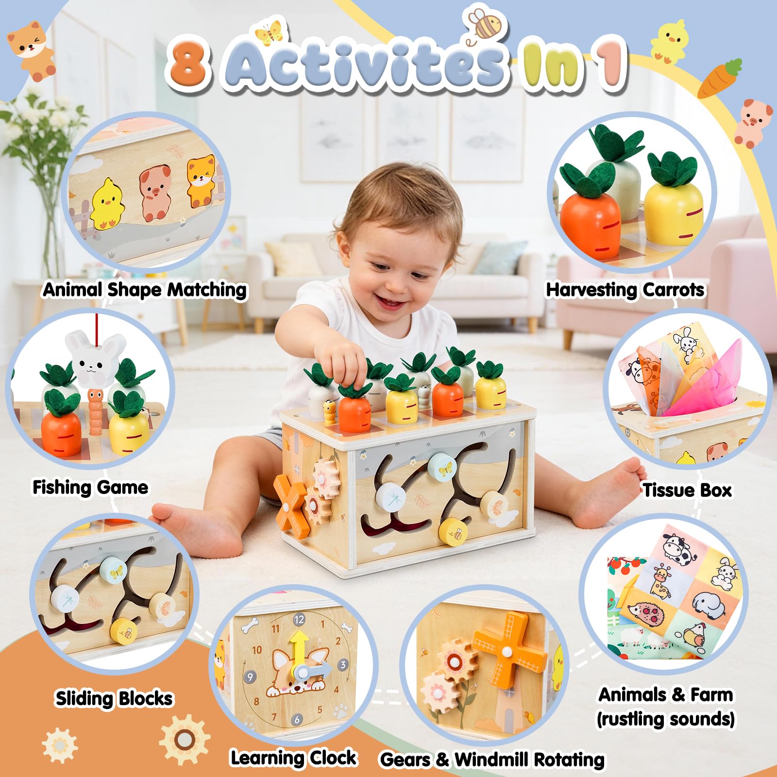 Montessori Spielzeug ab 1 Jahr，6-IN-1 Tücherbox Baby Spielzeug ab 6 Monate, Steckspiel Motorikspielzeug ab 1 2 Jahre, Sensorik Babyspielzeug für Kinder- Geschenk 1-2 Jahr Junge Mädchen
