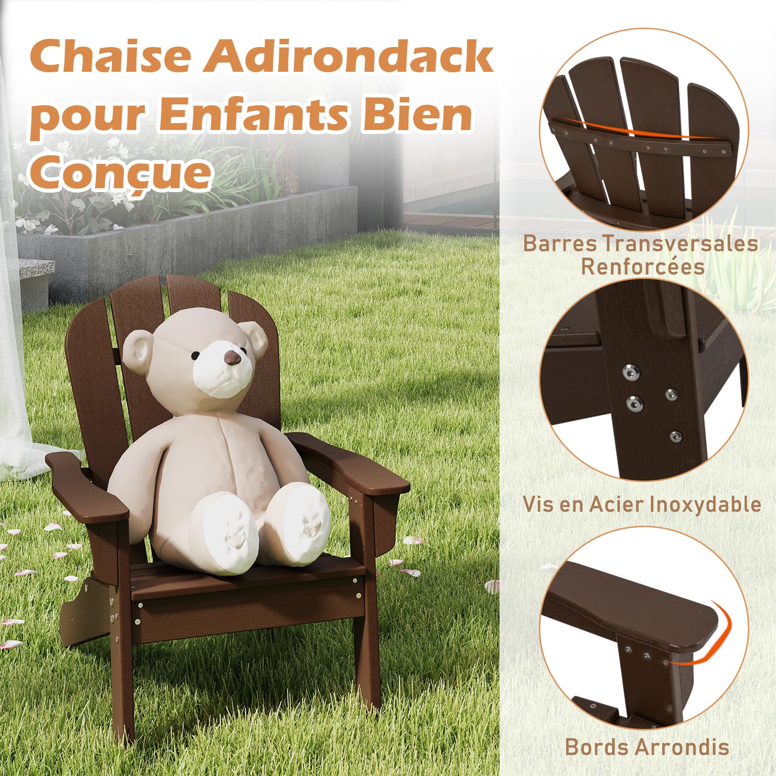 GOPLUS Chaise Adirondack Exterieur pour Enfants, Fauteuil de Jardin en HDPE Résistante aux Intempéries avec Large Siège, Dossier & Accoudoirs, Angle à 105°, Enfant pour 3-8 Ans,Charge 75KG (Marron)