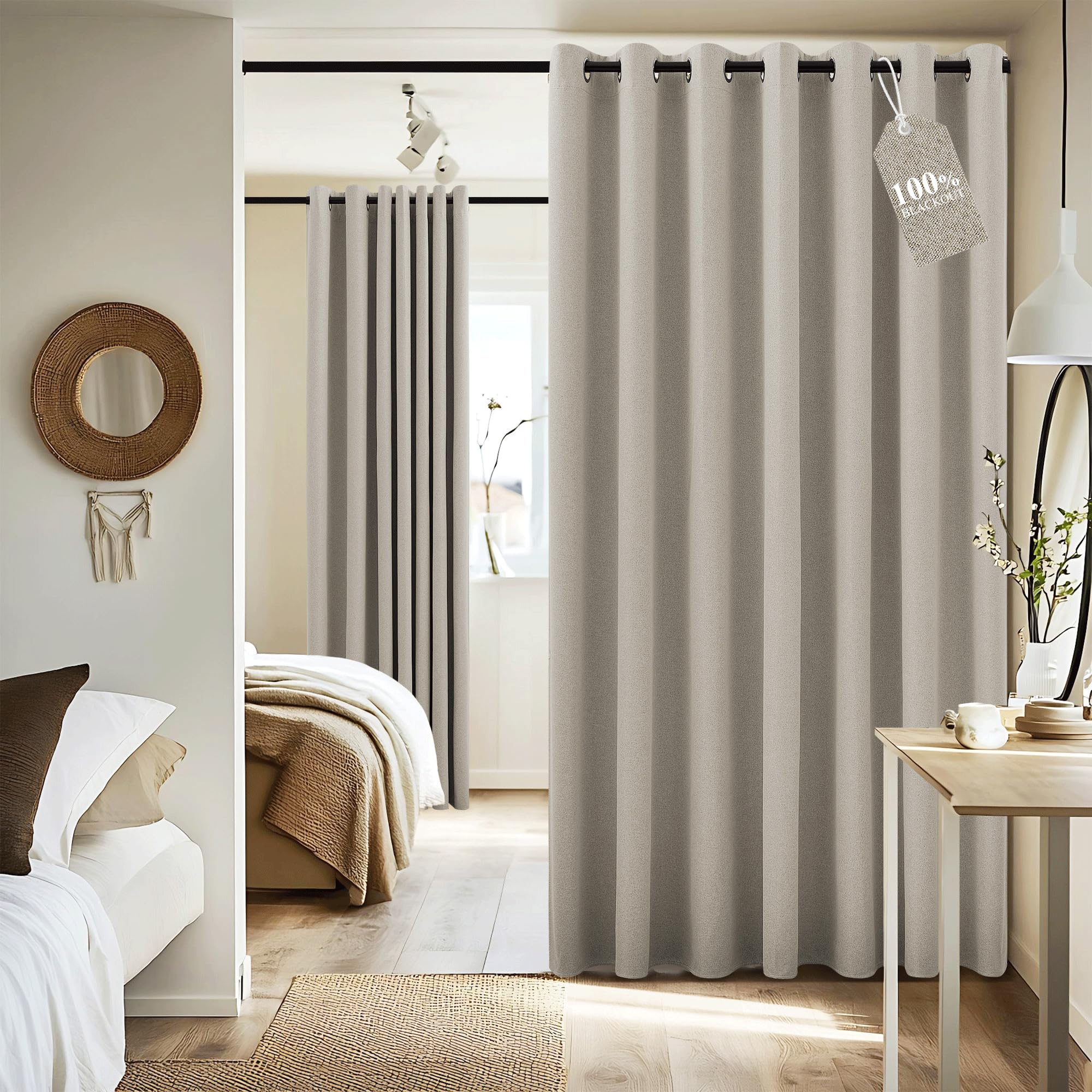 NICETOWN Linen 100% Blackout Insulated Patio Curtain 84" Long Burg, 1 Panel, 100" Width, Farmhouse Completely Blackout Window Treatment Thermal Drape for Living Room/Doorway/Sliding Door