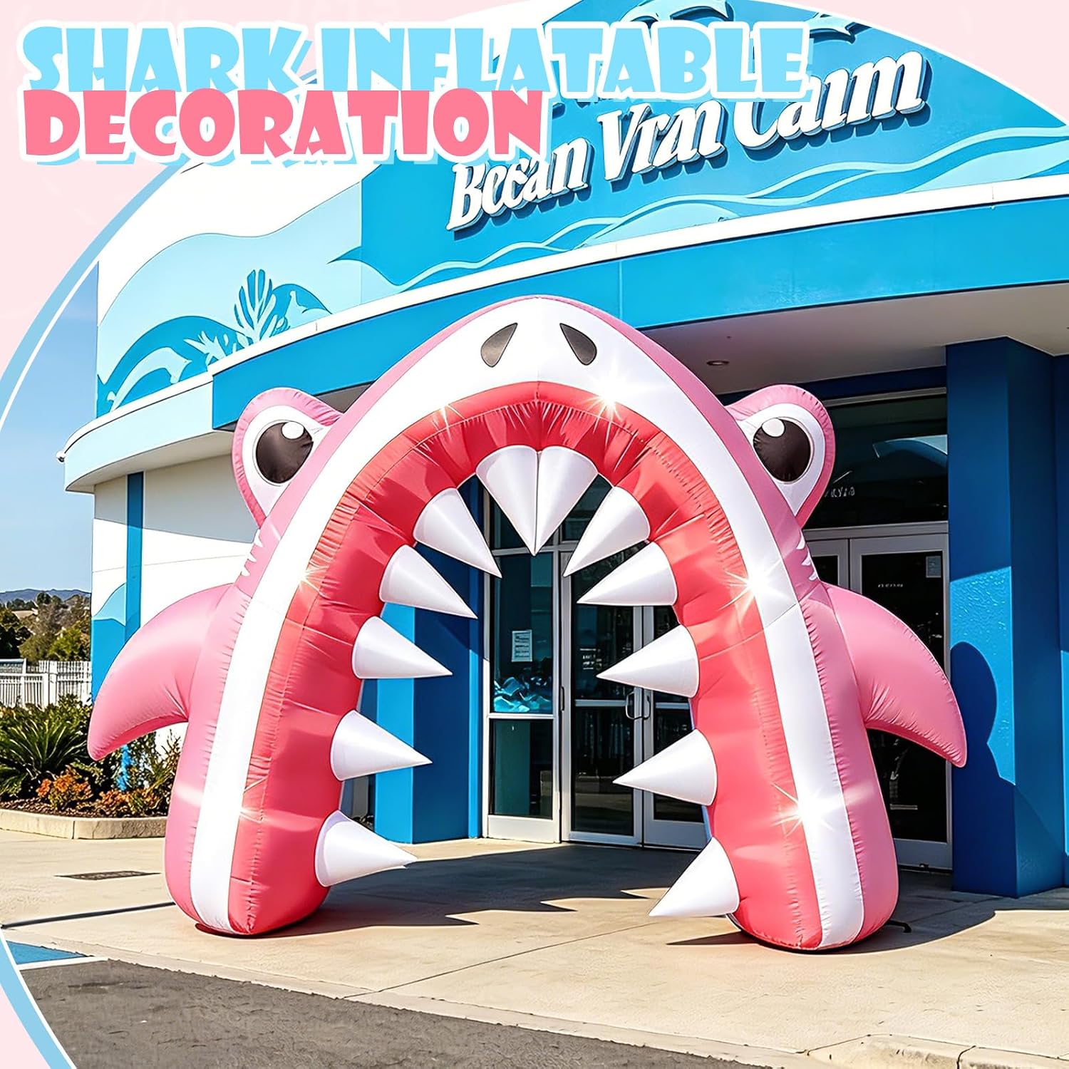 13×8 FT Pink Shark Inflatable Arch for Summer Outdoor Decor, Giant Ocean Theme Blow Up with Built-in 6 LED Lights and 1 Blower for Summer Yard Pool Stage Event Birthday Luau Beach Party Decoration