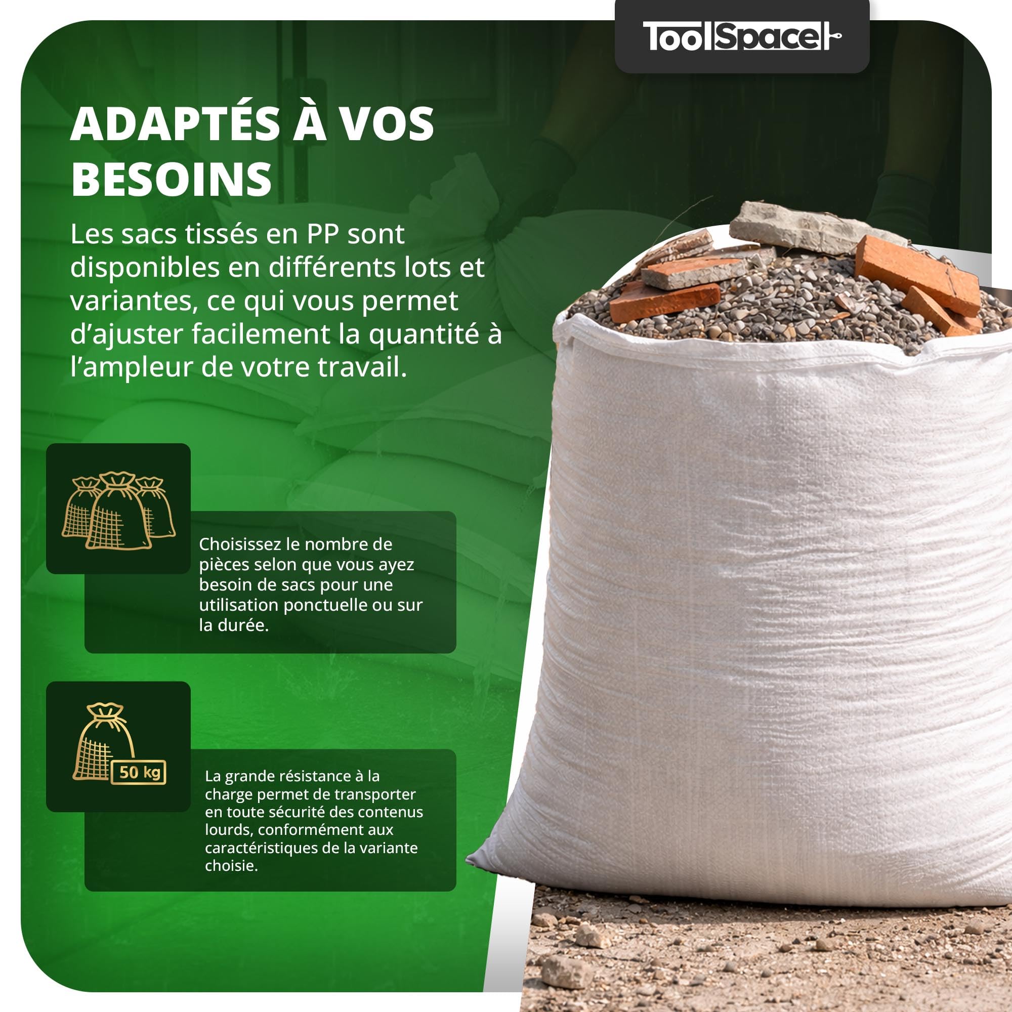 ToolSpace Sac à Gravats PP Tissé 65×105 cm Polypropylène 50 kg Réutilisable