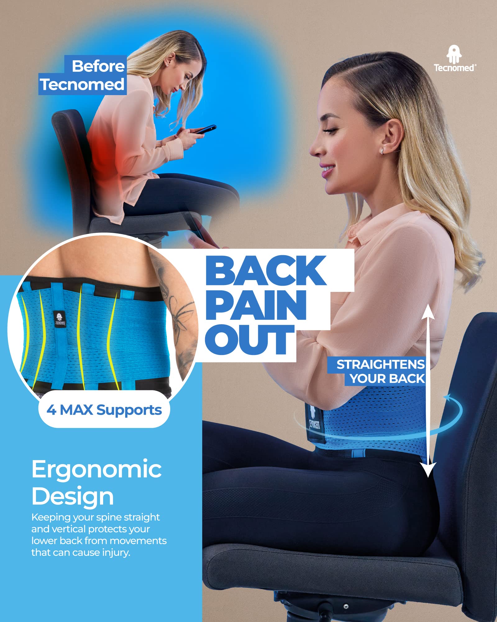 Tecnomed Back Brace For Men & Women - Immediate Relief from Back Pain, Herniated Disc, Sciatica, Scoliosis – Breathable Lower Back Belt For Weight Lifting - Workout - Posture Corrector