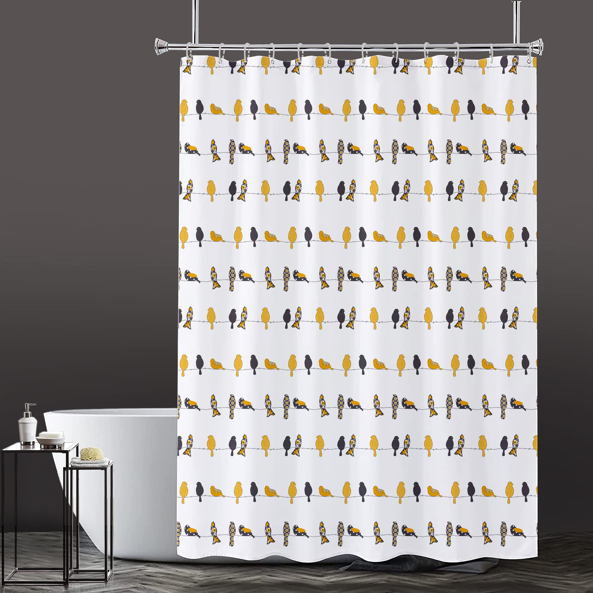 Lushomes Bathroom Shower Curtain with 12 Hooks and 12 Eyelets, Printed Bird Bathtub Curtain, Non-PVC, Water-Repellent Bathroom Accessories, Yellow, 6 Ft H x 6 FT W (72 Inch x 72 Inch, Single Pc)