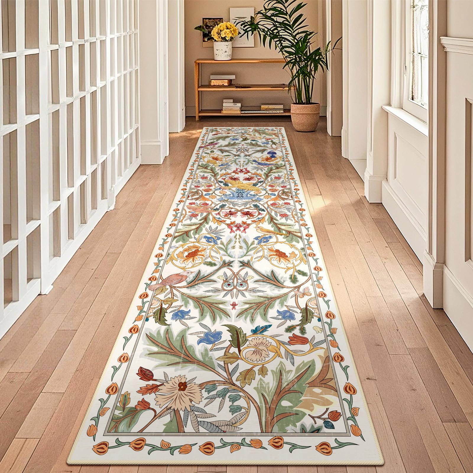 TUKDAK White Runner Rug for Hallway 60x240cm, Non-Slip Bird Kitchen Runner Rug, Washable Forest Long Hallway Rug, Suitable for Entryway, Bedroom, Laundry Room, Living Room — image 1