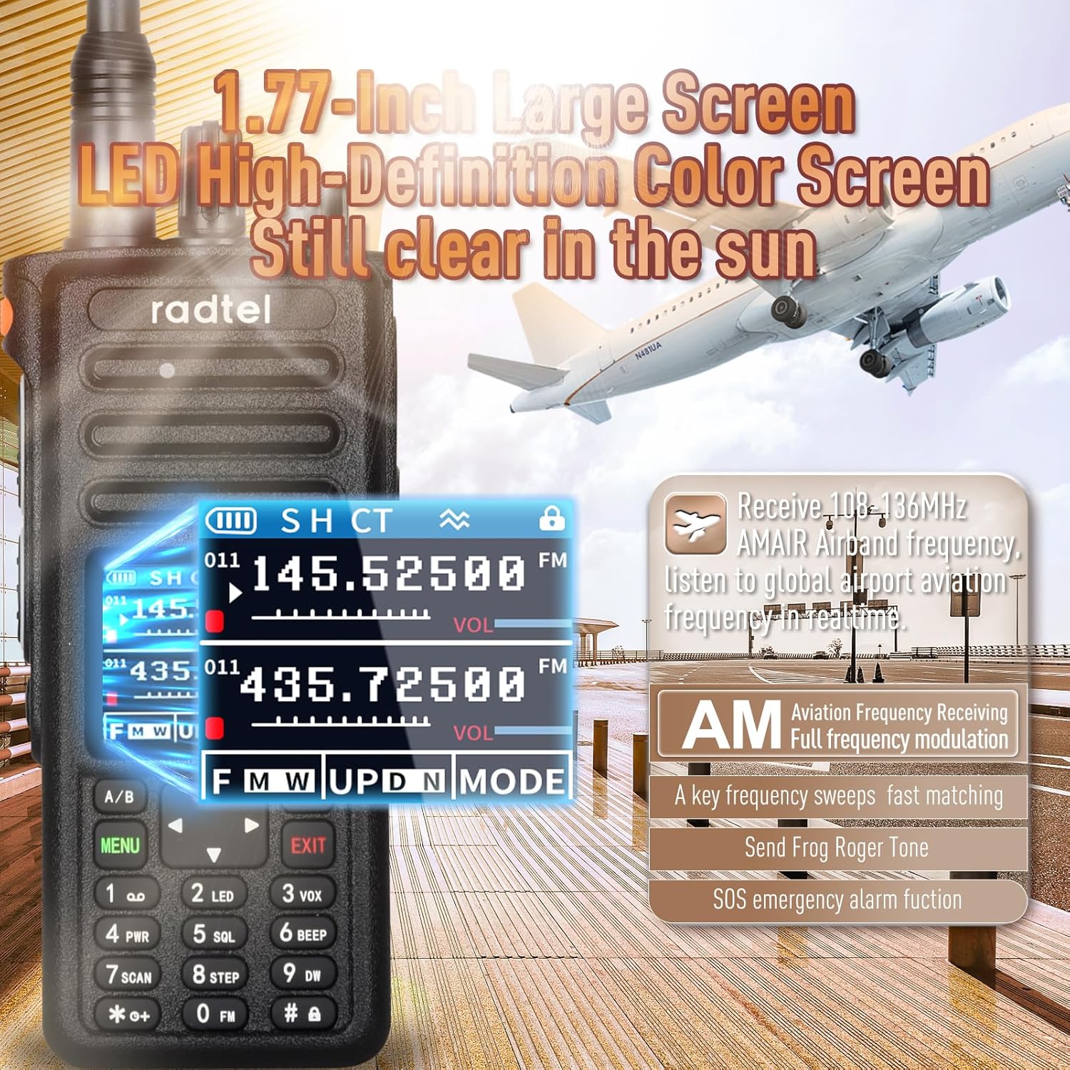 Close-up of the Radtel RT-730 walkie-talkie showing its 1.77-inch large screen display with frequency information.