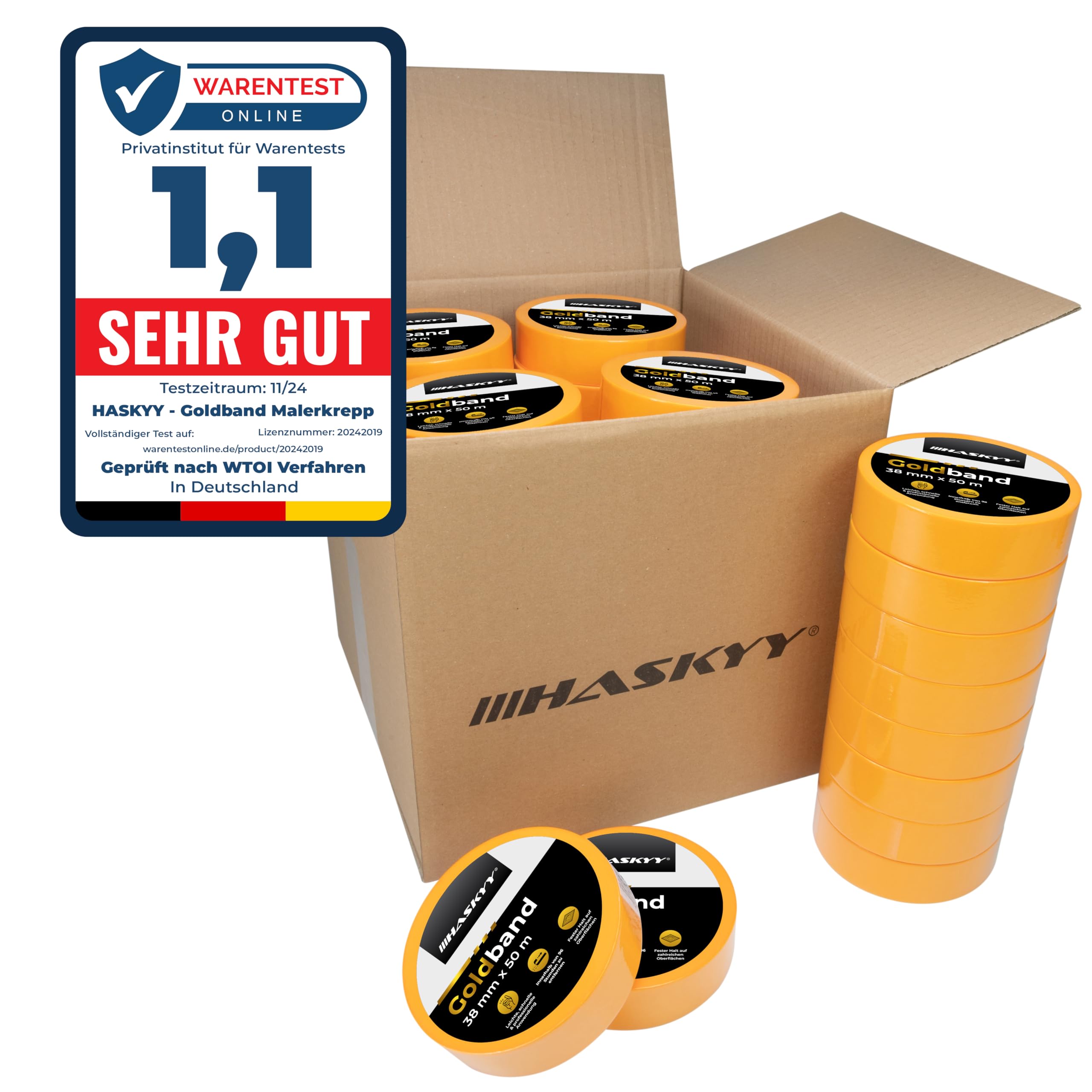HASKYY Goldband Malerkrepp Kreppband 50x Malerband 38mm x 50m Profi Abdeckband Malertape Klebeband Washi Tape Gold Papiertape Selbstklebend