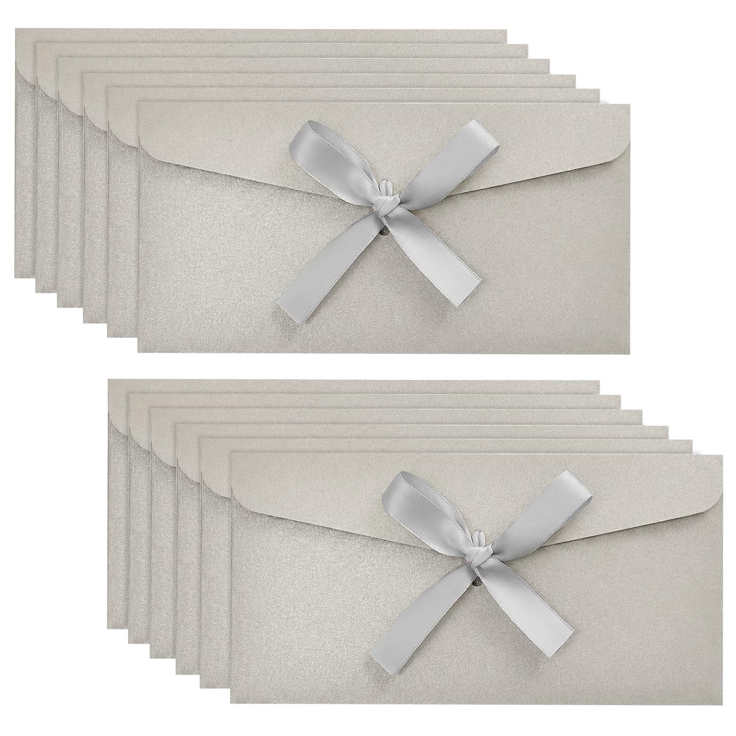 Silver-White Envelopes for Cash Gifts, 12 Pack Kraft Paper Money Wallets with Ribbon, Pearlescent Invitation Envelopes for Birthday Wedding Party 22x11CM