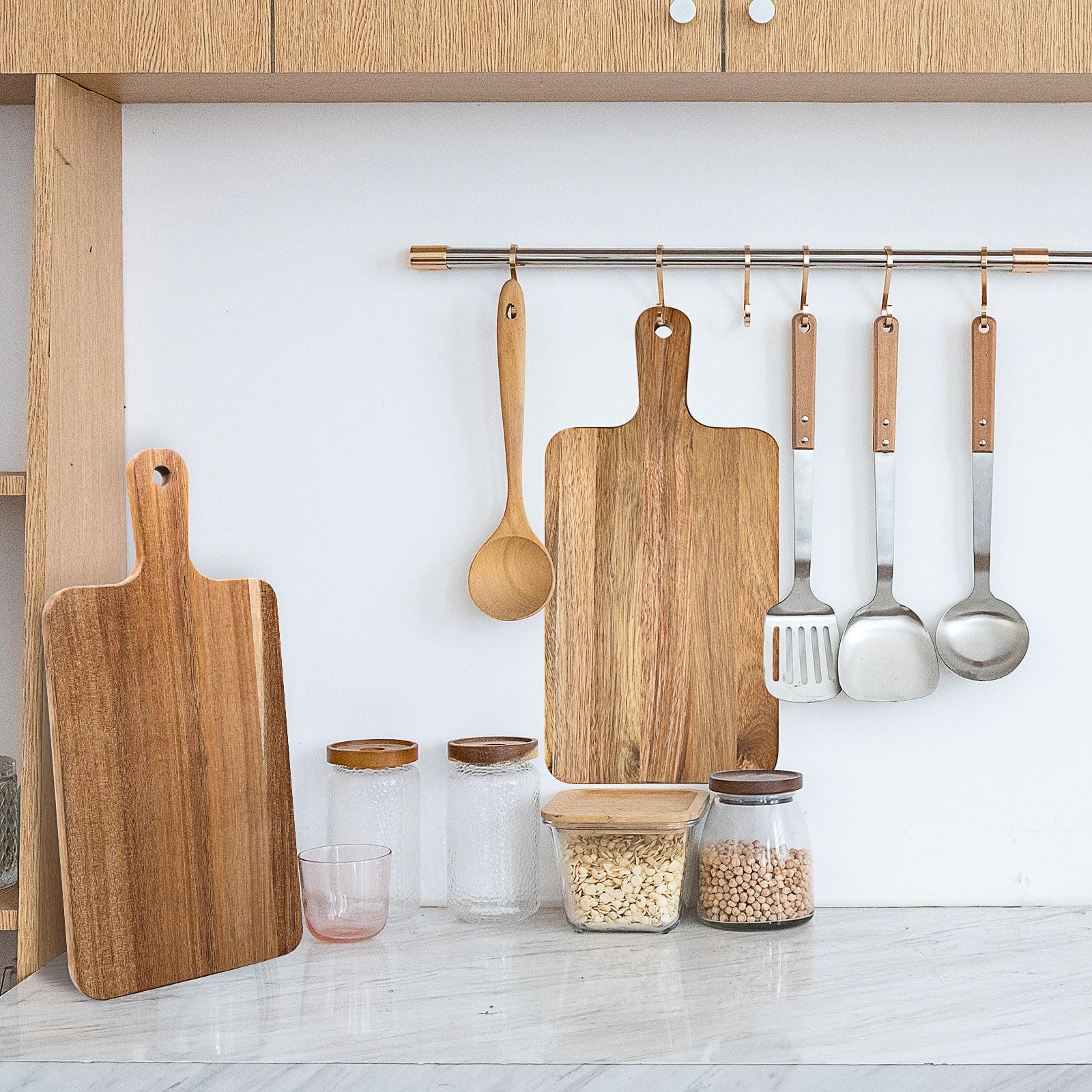 10er Set Schneidebretter Holz mit Griff - 40x20cm Akazienholz Schneidebrett groß - Multifunktionales Servierbrett Holz für Küche, Käse, Brot, Tapas & Charcuterie - Küchenbrett Holz als Geschenk