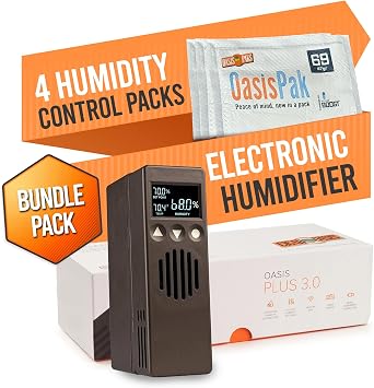 Oasis Plus 3.0 Electronic Humidifier with LCD Display + 4-Pack Oasis Pak Two-Way Humidity Control Packs - Maintain Perfect Humidity for Humidor - 300-1000 Capacity